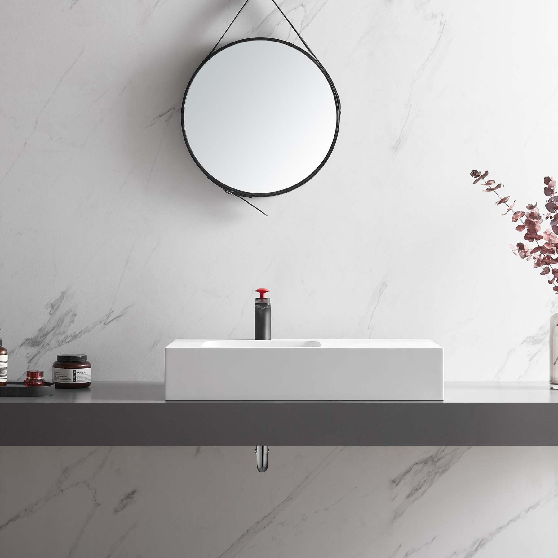 Bathroom Sink, Solid Surface Material, Wall-Mount or Countertop Install, 32" with Single Faucet Hole in Matte White， SVWS602-32WH-Serene Valley