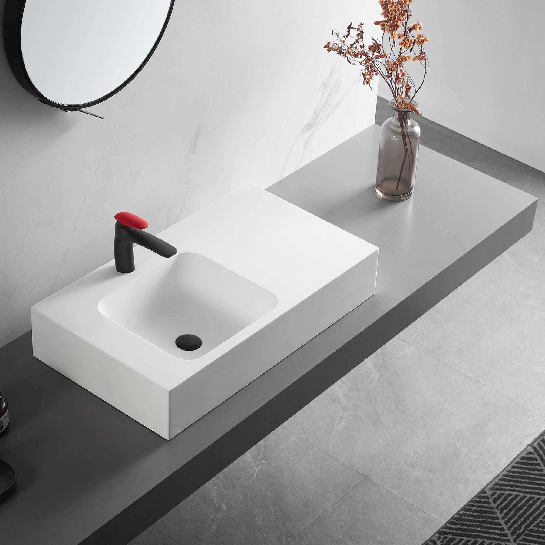 Bathroom Sink, Solid Surface Material, Wall-Mount or Countertop Install, 32" with Single Faucet Hole in Matte White， SVWS602-32WH-Serene Valley