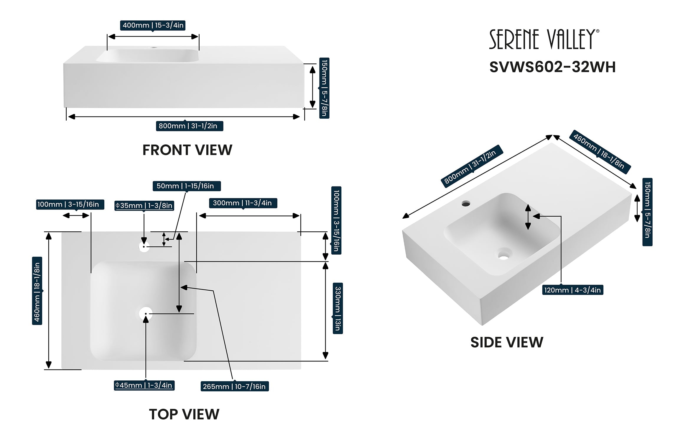 Bathroom Sink, Solid Surface Material, Wall-Mount or Countertop Install, 32" with Single Faucet Hole in Matte White， SVWS602-32WH-Serene Valley