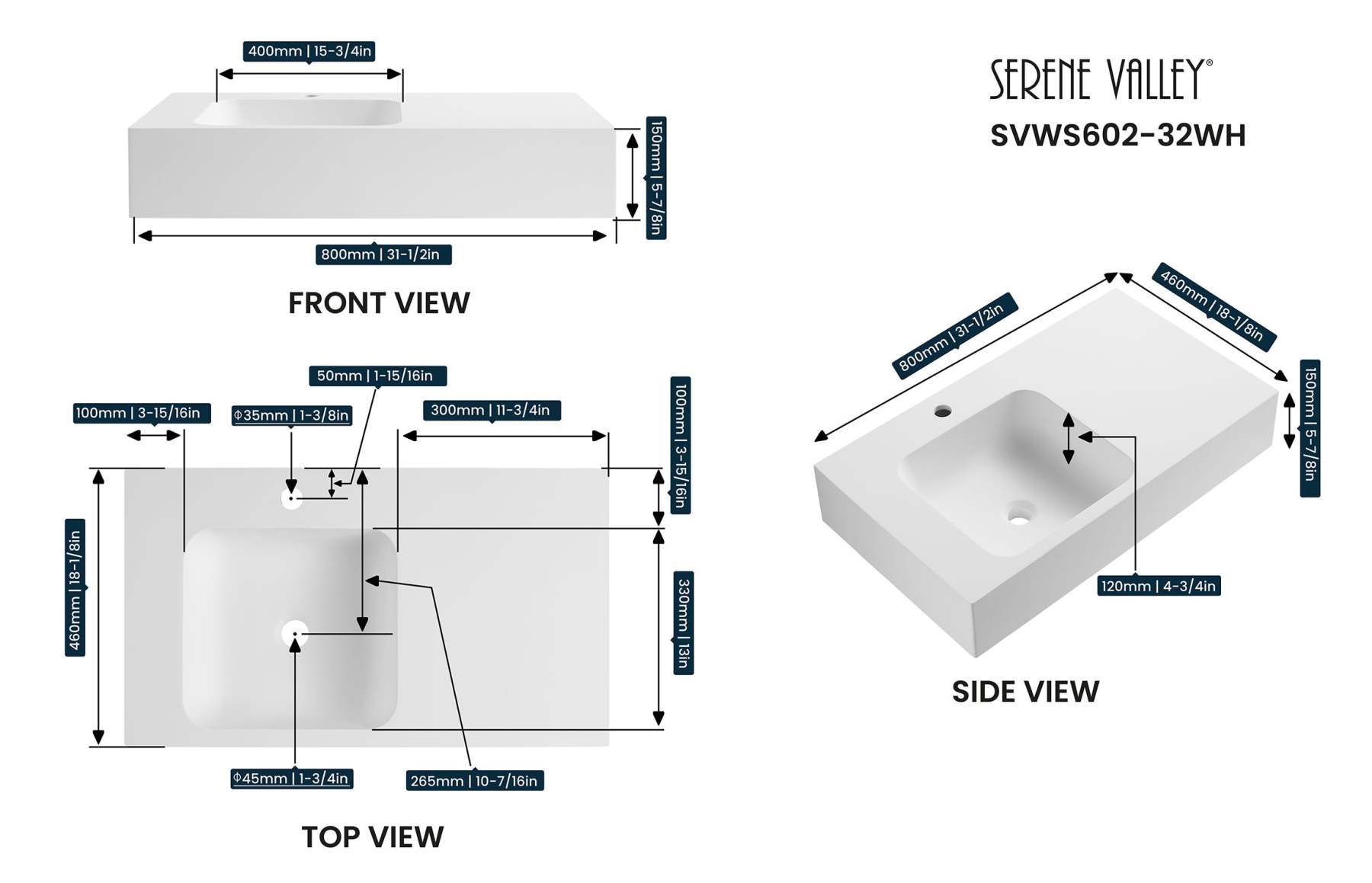 Bathroom Sink, Solid Surface Material, Wall-Mount or Countertop Install, 32" with Single Faucet Hole in Matte White， SVWS602-32WH-Serene Valley