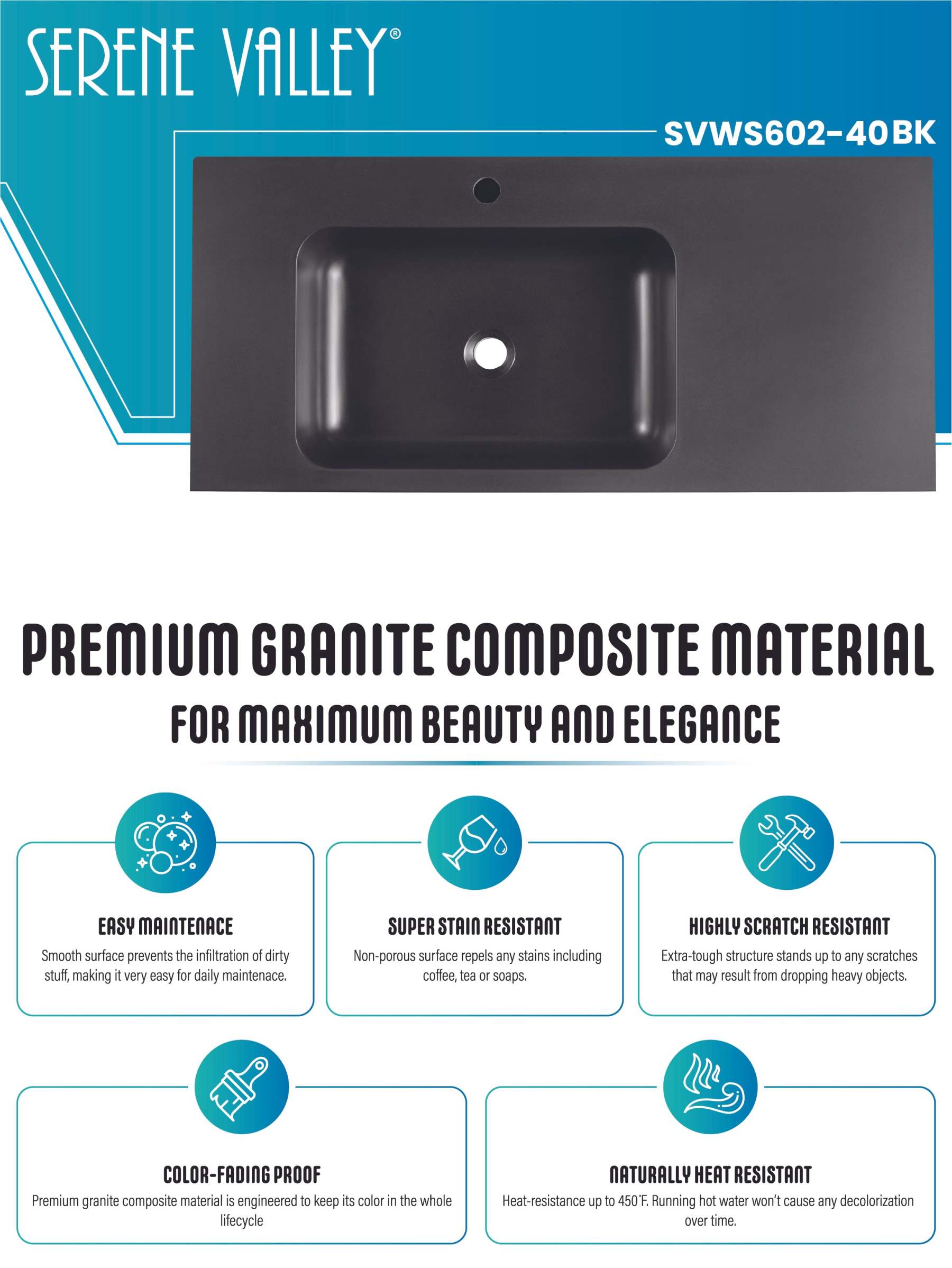 Bathroom Sink, Solid Surface Material, Wall-Mount or Countertop Install, 40" with Single Faucet Hole in Matte Black， SVWS602-40BK-Serene Valley