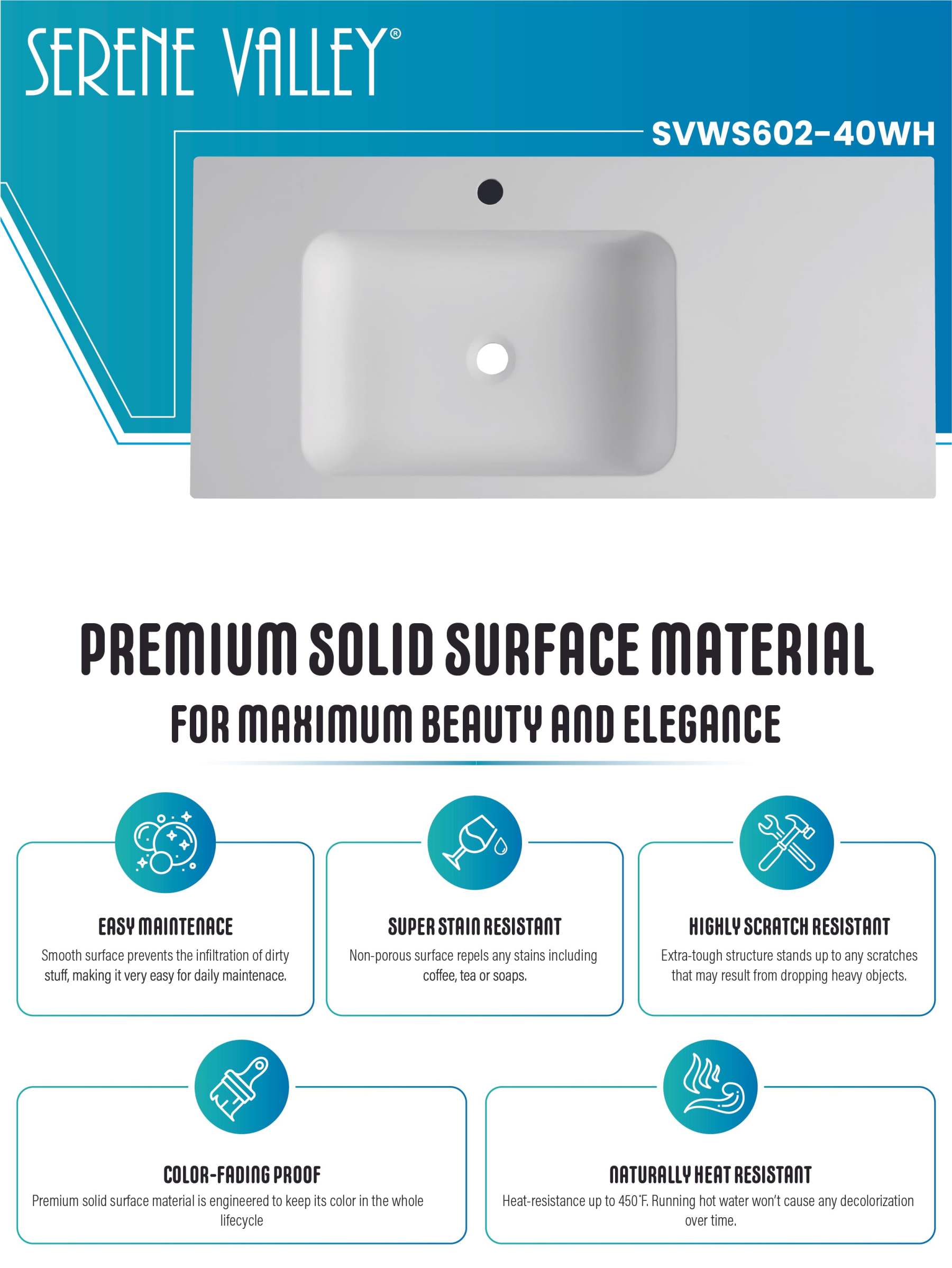 Bathroom Sink, Solid Surface Material, Wall-Mount or Countertop Install, 40" with Single Faucet Hole in Matte White， SVWS602-40WH-Serene Valley