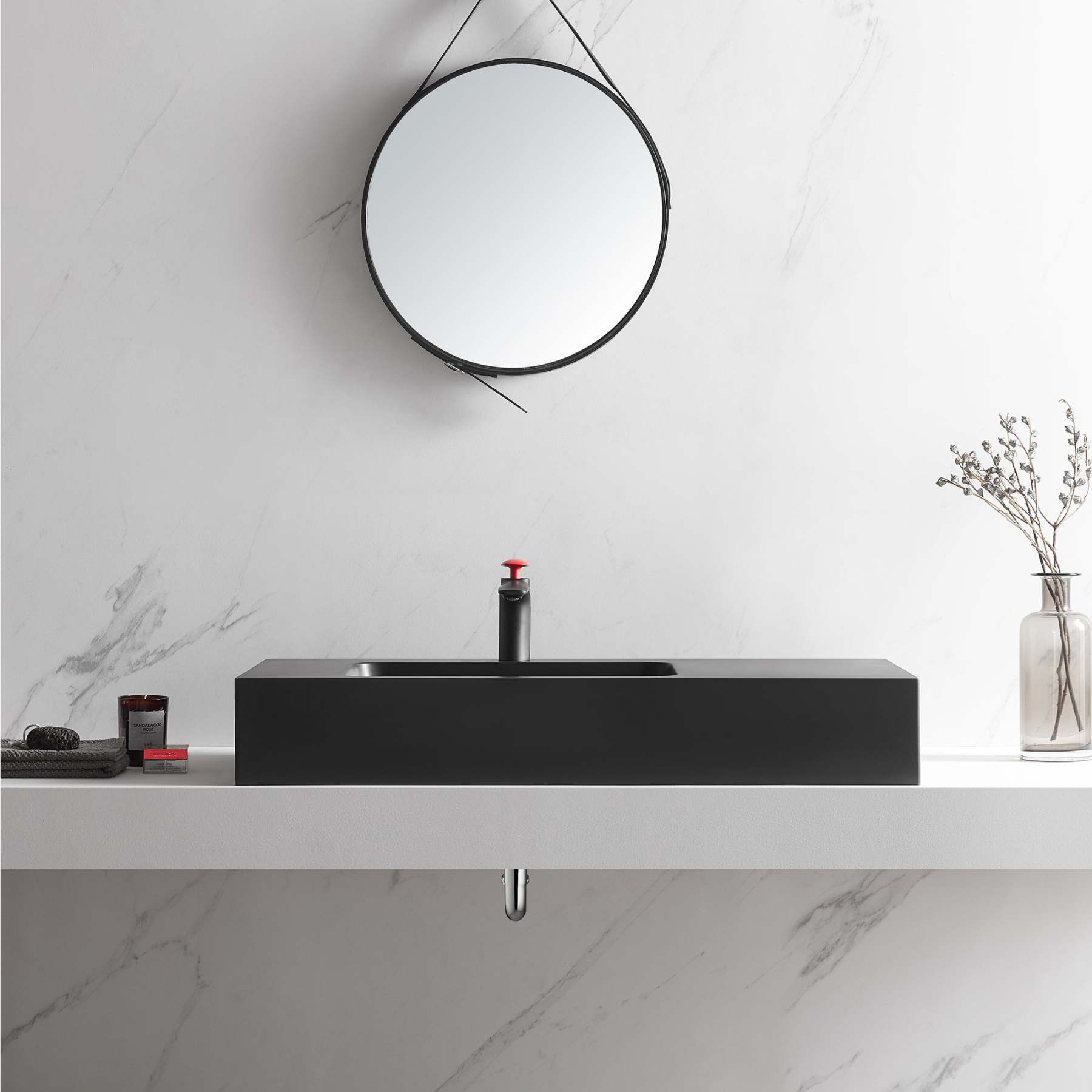 Bathroom Sink, Solid Surface Material, Wall-Mount or Countertop Install, 40" with Single Faucet Hole in Matte Black， SVWS602-40BK-Serene Valley