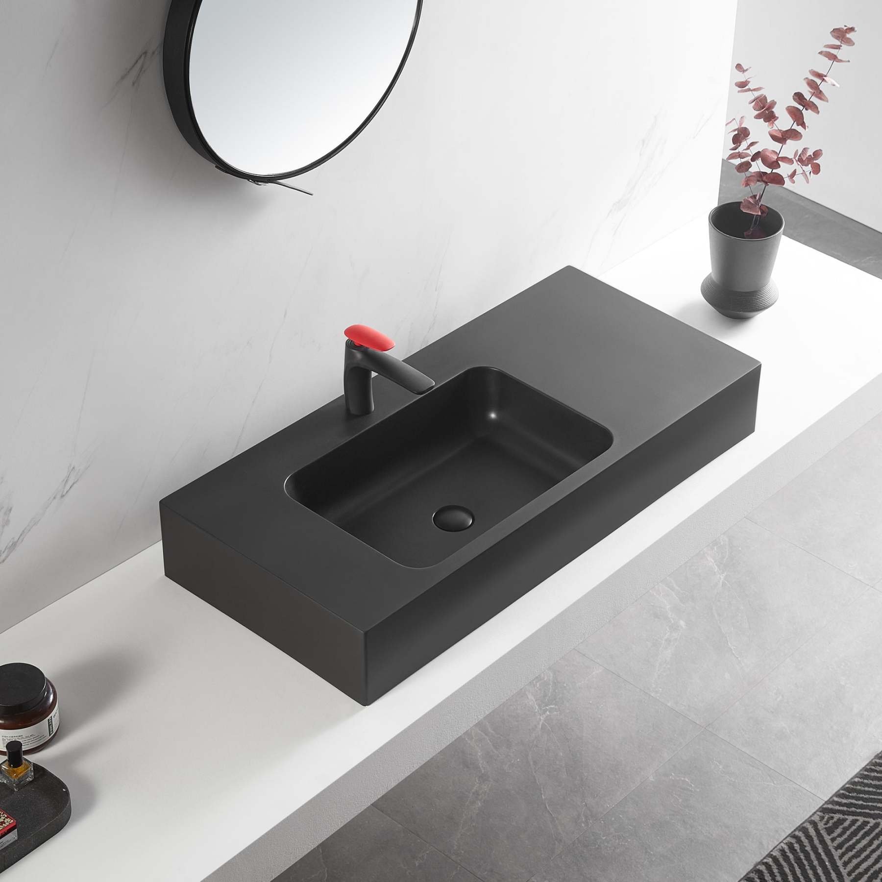 Bathroom Sink, Solid Surface Material, Wall-Mount or Countertop Install, 40" with Single Faucet Hole in Matte Black， SVWS602-40BK-Serene Valley