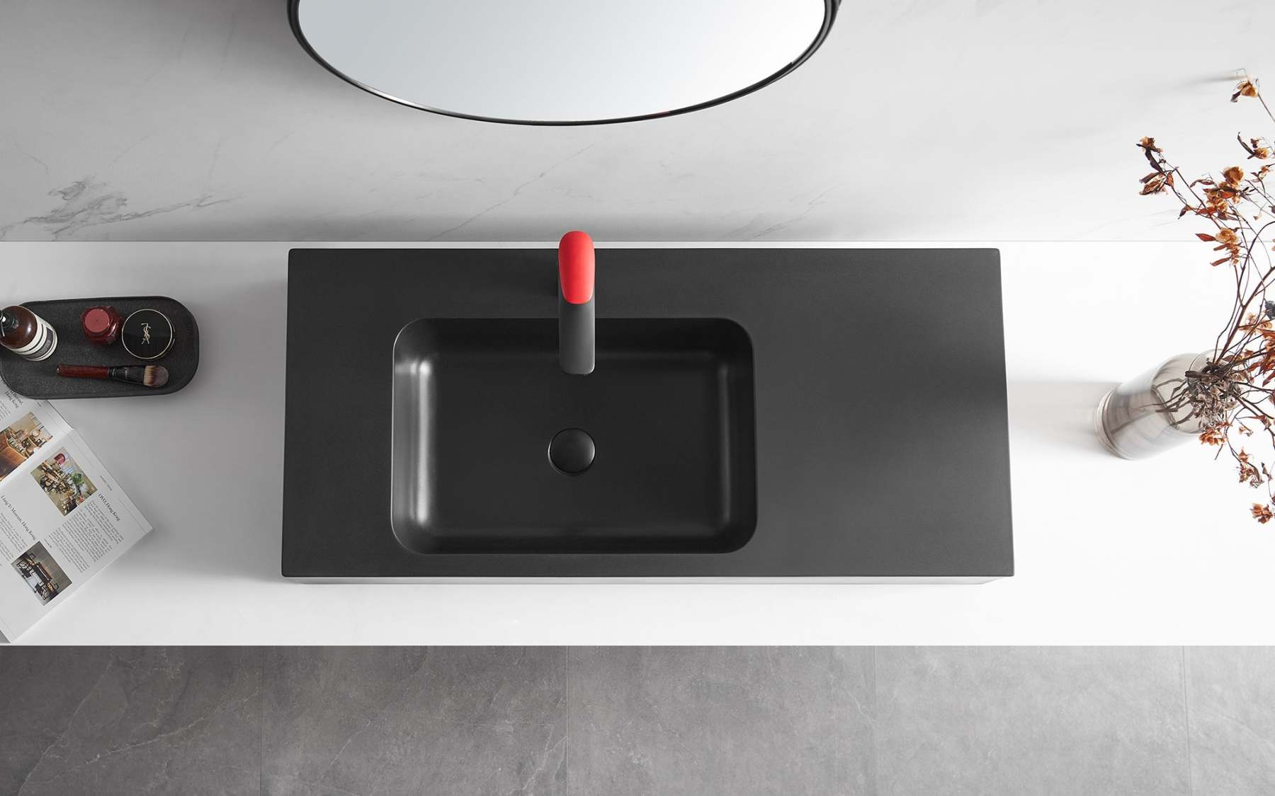 Bathroom Sink, Solid Surface Material, Wall-Mount or Countertop Install, 40" with Single Faucet Hole in Matte Black， SVWS602-40BK-Serene Valley