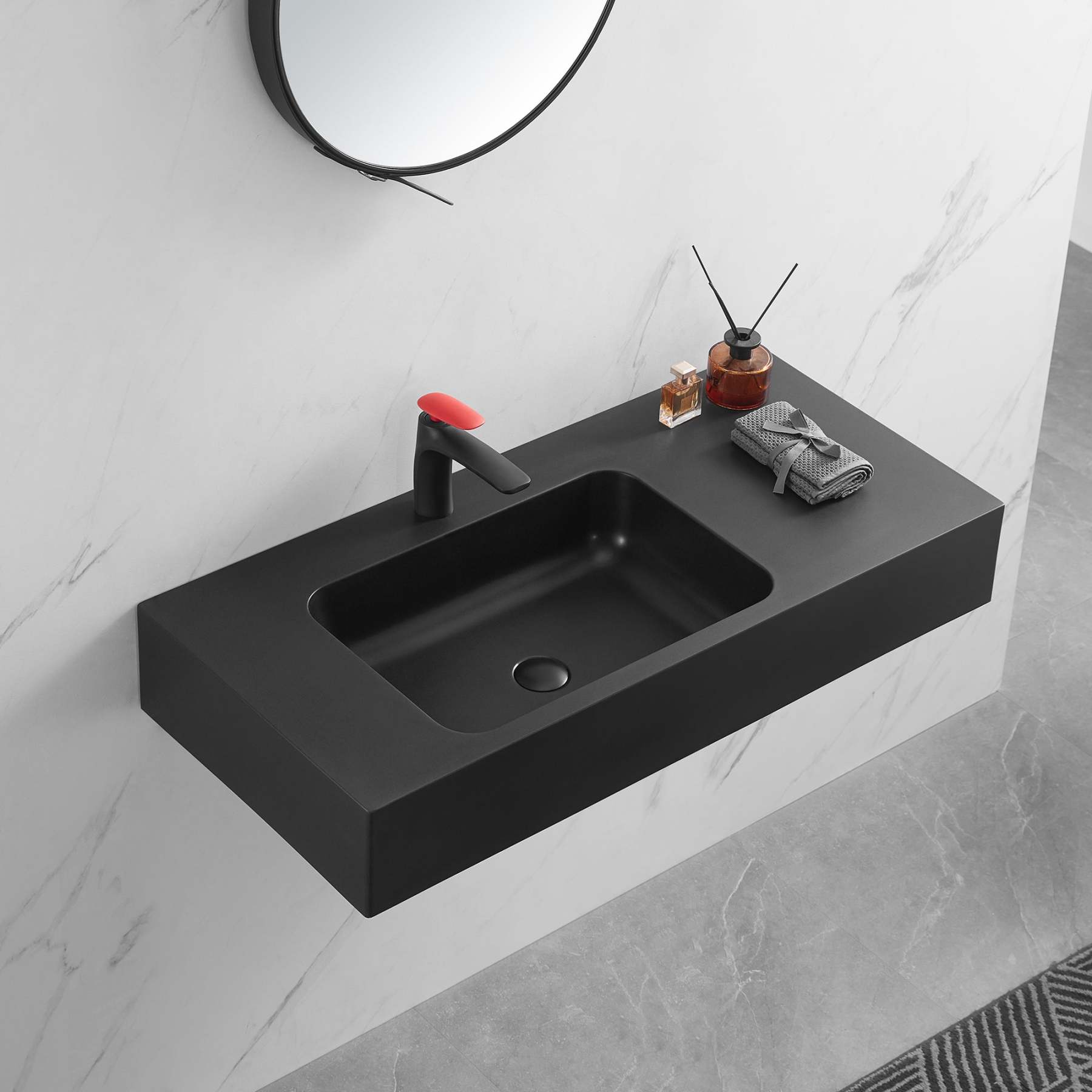 Bathroom Sink, Solid Surface Material, Wall-Mount or Countertop Install, 40" with Single Faucet Hole in Matte Black， SVWS602-40BK-Serene Valley