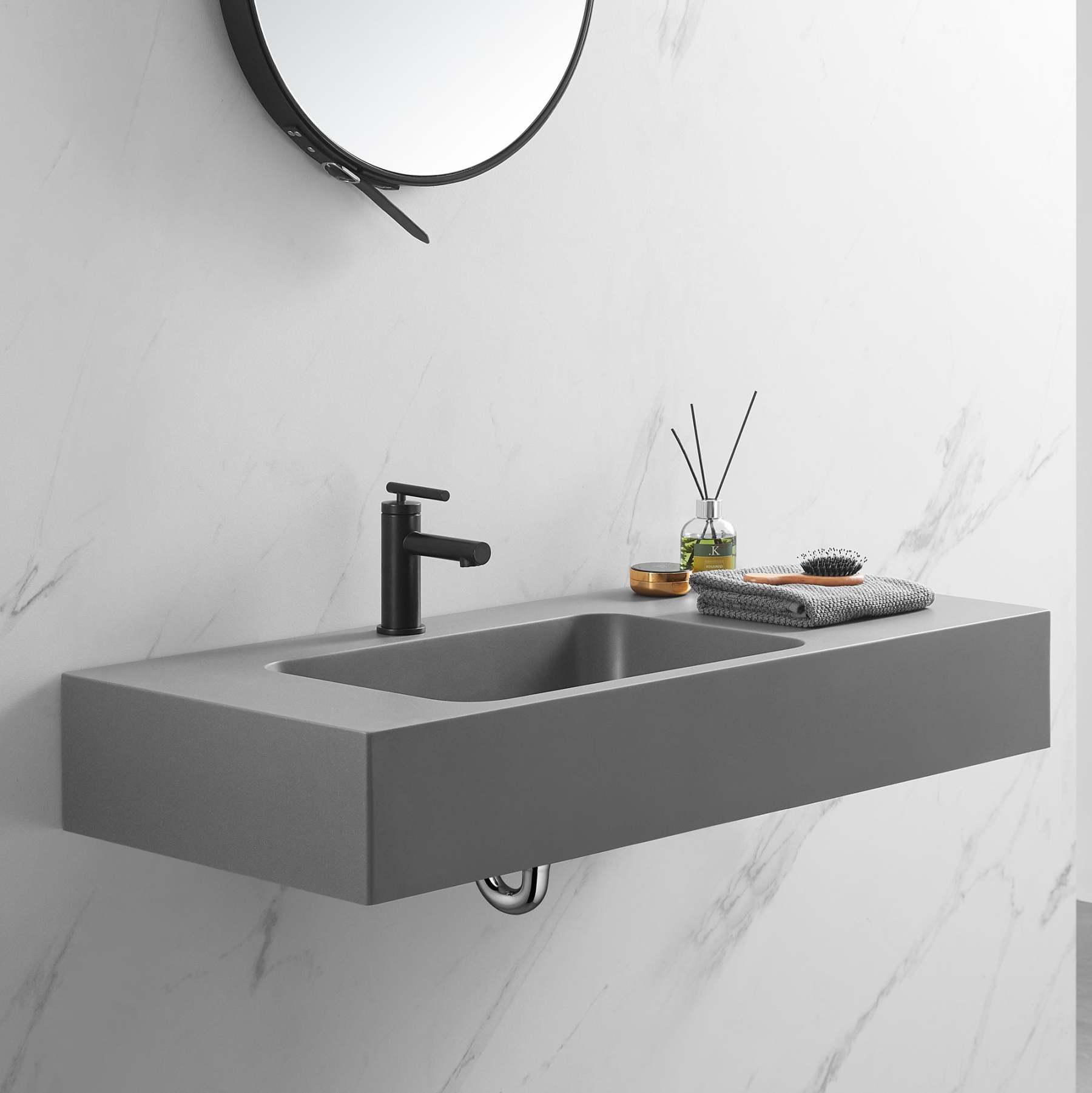 Bathroom Sink, Solid Surface Material, Wall-Mount or Countertop Install, 40" with Single Faucet Hole in Matte Gray， SVWS602-40GR-Serene Valley