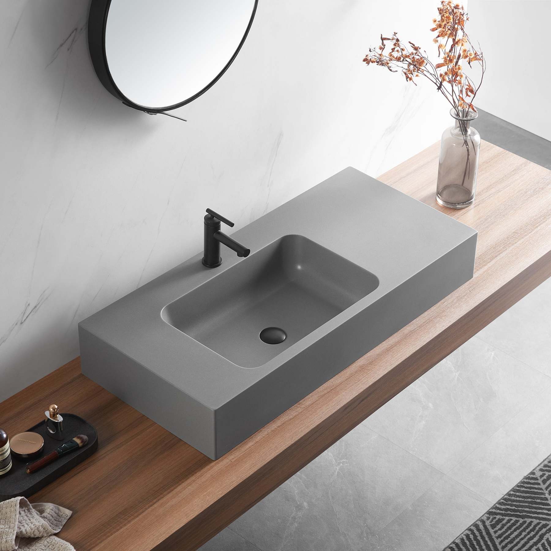 Bathroom Sink, Solid Surface Material, Wall-Mount or Countertop Install, 40" with Single Faucet Hole in Matte Gray， SVWS602-40GR-Serene Valley