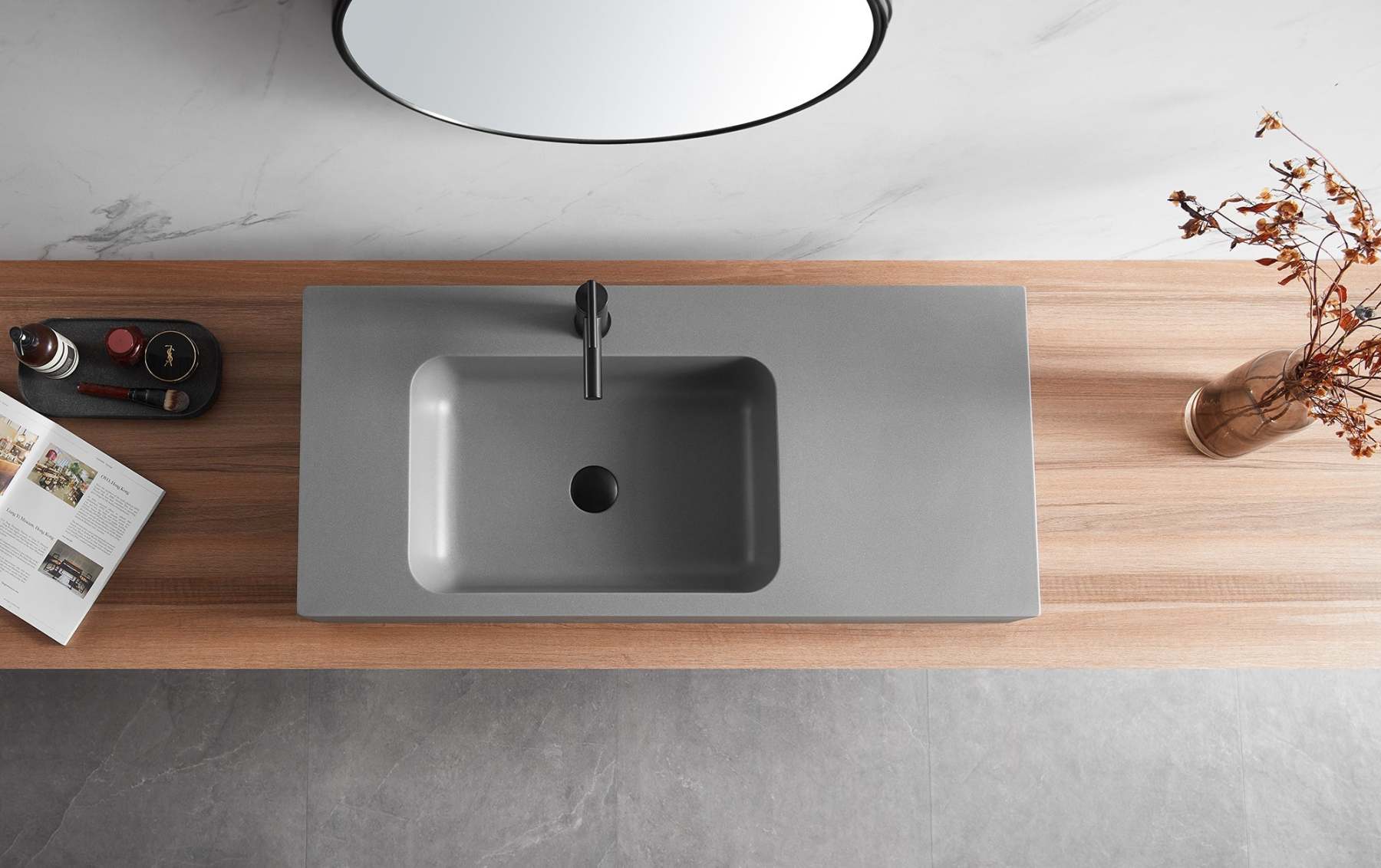 Bathroom Sink, Solid Surface Material, Wall-Mount or Countertop Install, 40" with Single Faucet Hole in Matte Gray， SVWS602-40GR-Serene Valley