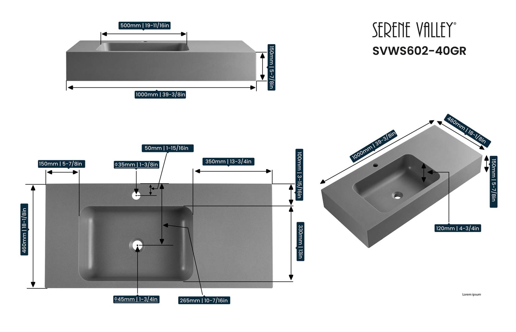 Bathroom Sink, Solid Surface Material, Wall-Mount or Countertop Install, 40" with Single Faucet Hole in Matte Gray， SVWS602-40GR-Serene Valley