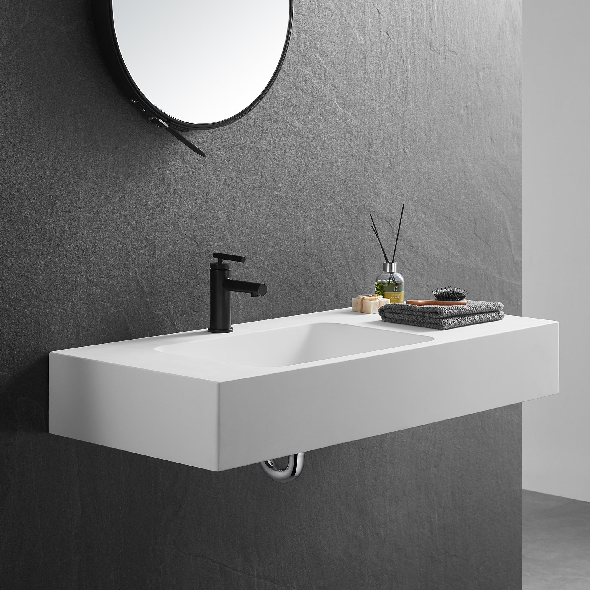 Bathroom Sink, Solid Surface Material, Wall-Mount or Countertop Install, 40" with Single Faucet Hole in Matte White， SVWS602-40WH-Serene Valley