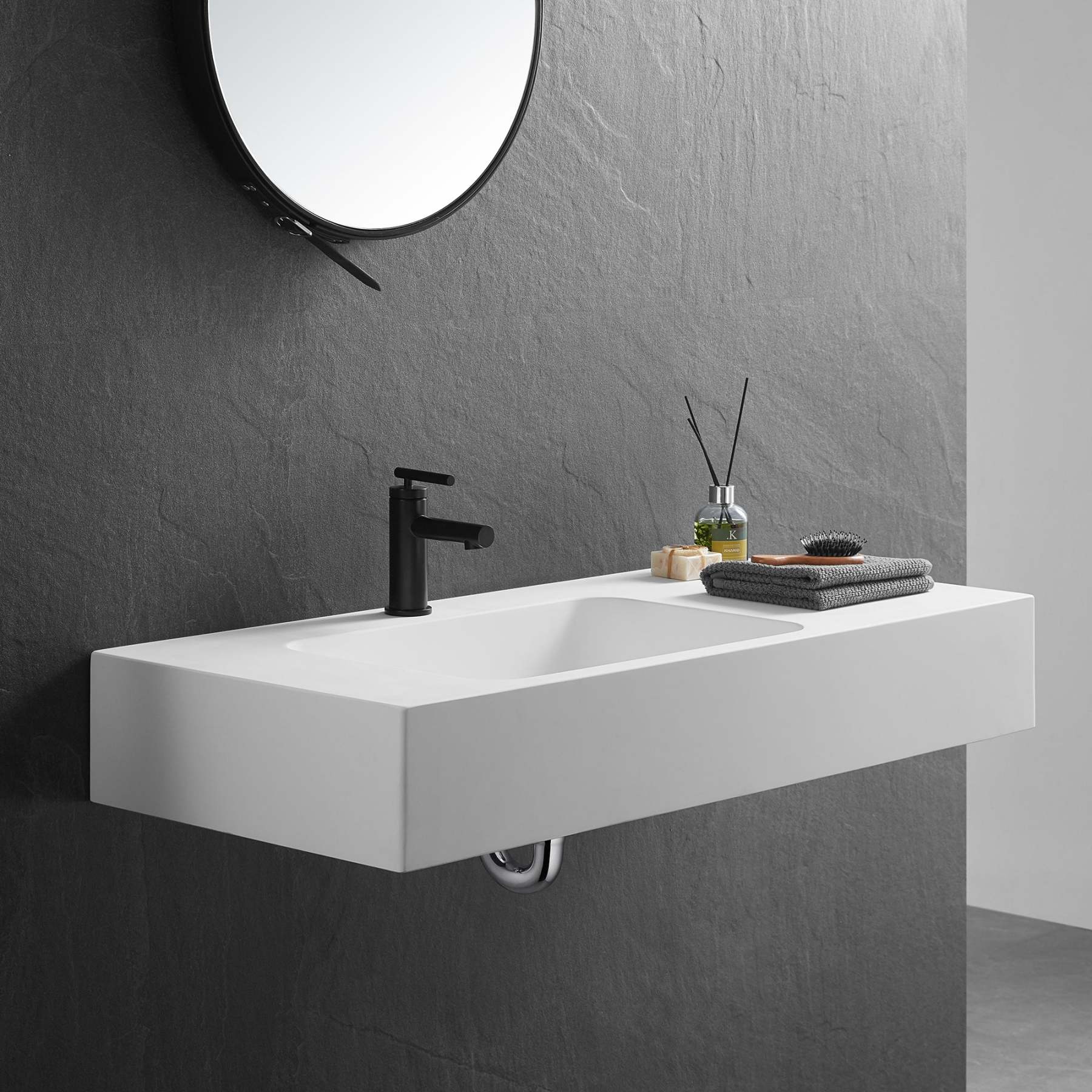 Bathroom Sink, Solid Surface Material, Wall-Mount or Countertop Install, 40" with Single Faucet Hole in Matte White， SVWS602-40WH-Serene Valley