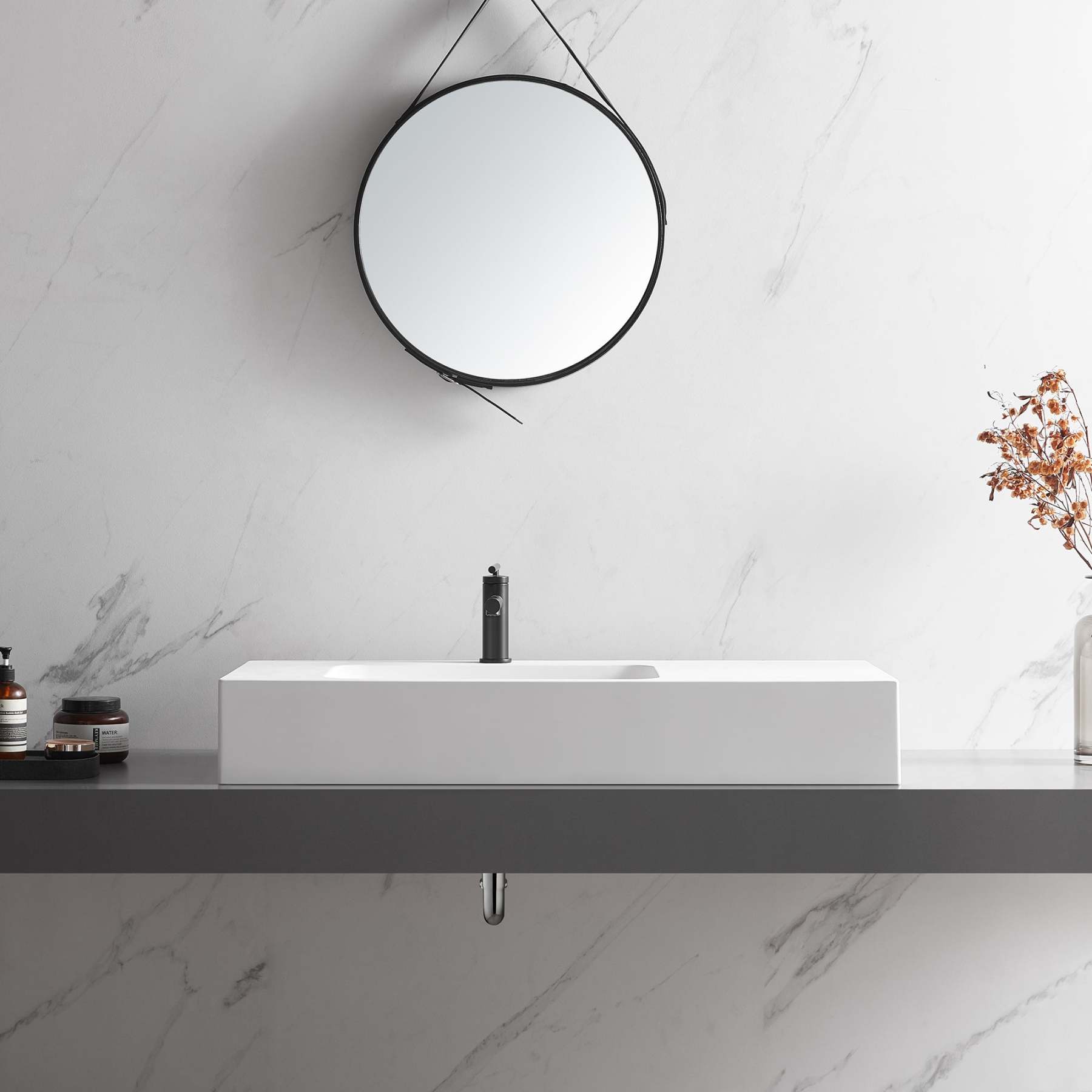 Bathroom Sink, Solid Surface Material, Wall-Mount or Countertop Install, 40" with Single Faucet Hole in Matte White， SVWS602-40WH-Serene Valley