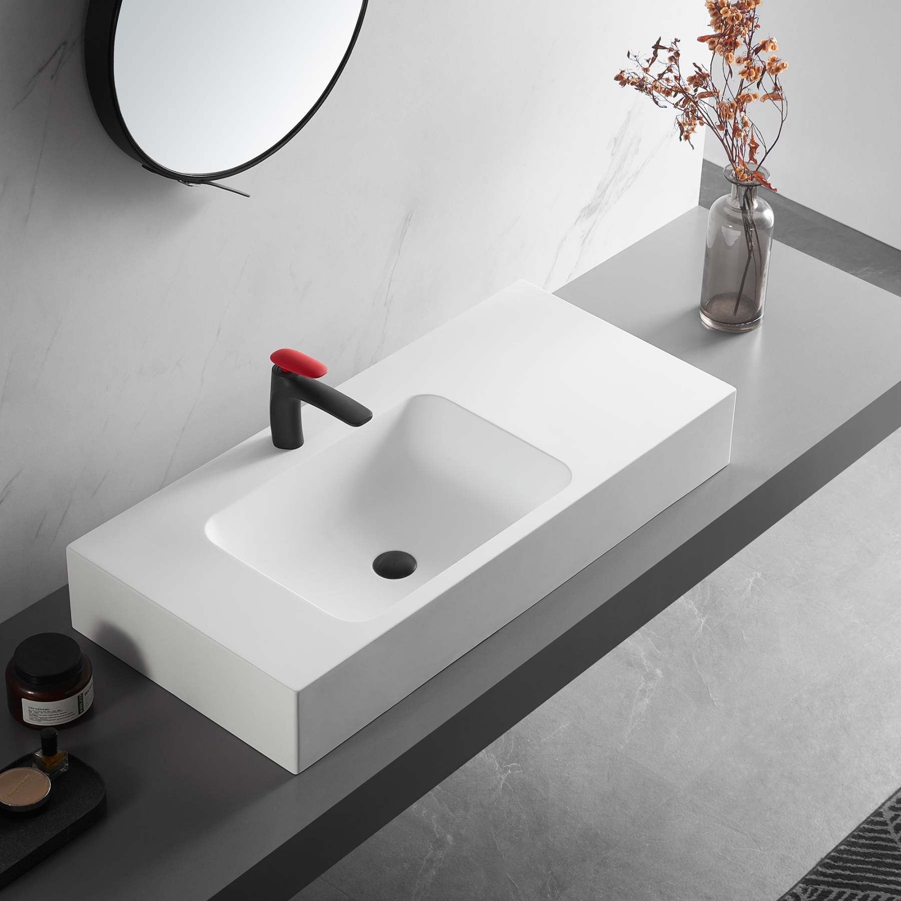 Bathroom Sink, Solid Surface Material, Wall-Mount or Countertop Install, 40" with Single Faucet Hole in Matte White， SVWS602-40WH-Serene Valley