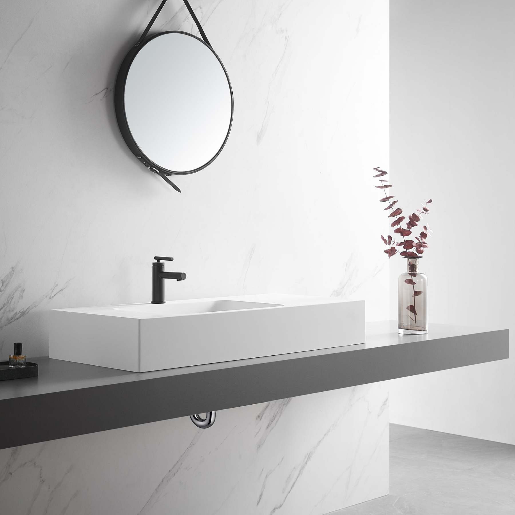 Bathroom Sink, Solid Surface Material, Wall-Mount or Countertop Install, 40" with Single Faucet Hole in Matte White， SVWS602-40WH-Serene Valley