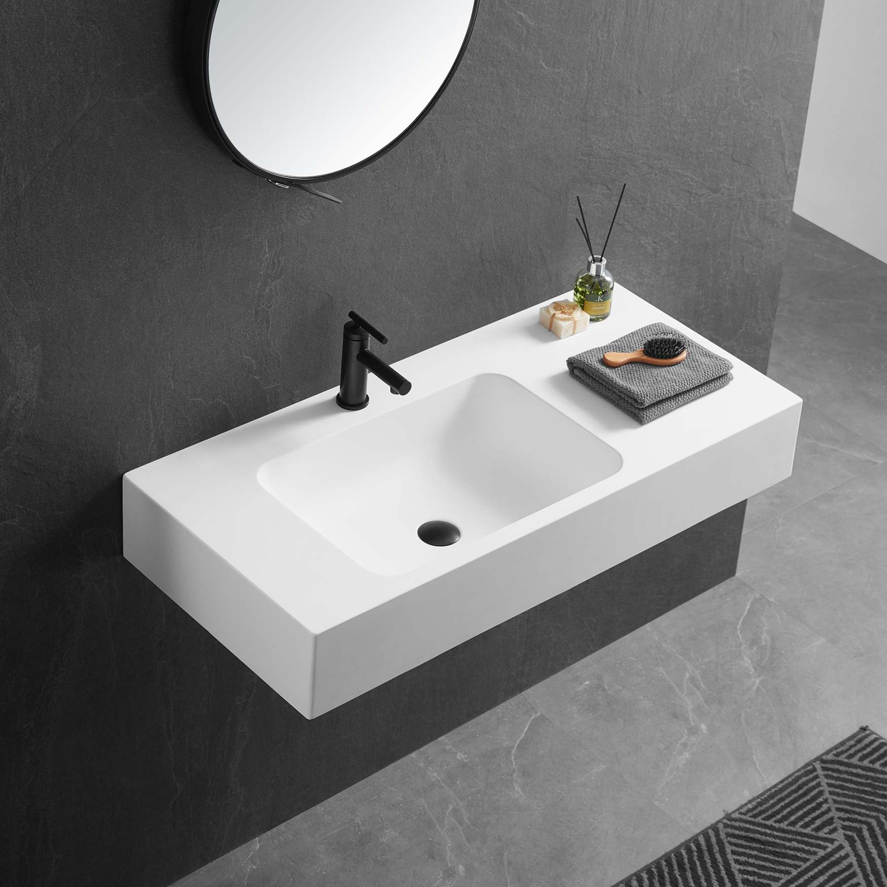 Bathroom Sink, Solid Surface Material, Wall-Mount or Countertop Install, 40" with Single Faucet Hole in Matte White， SVWS602-40WH-Serene Valley