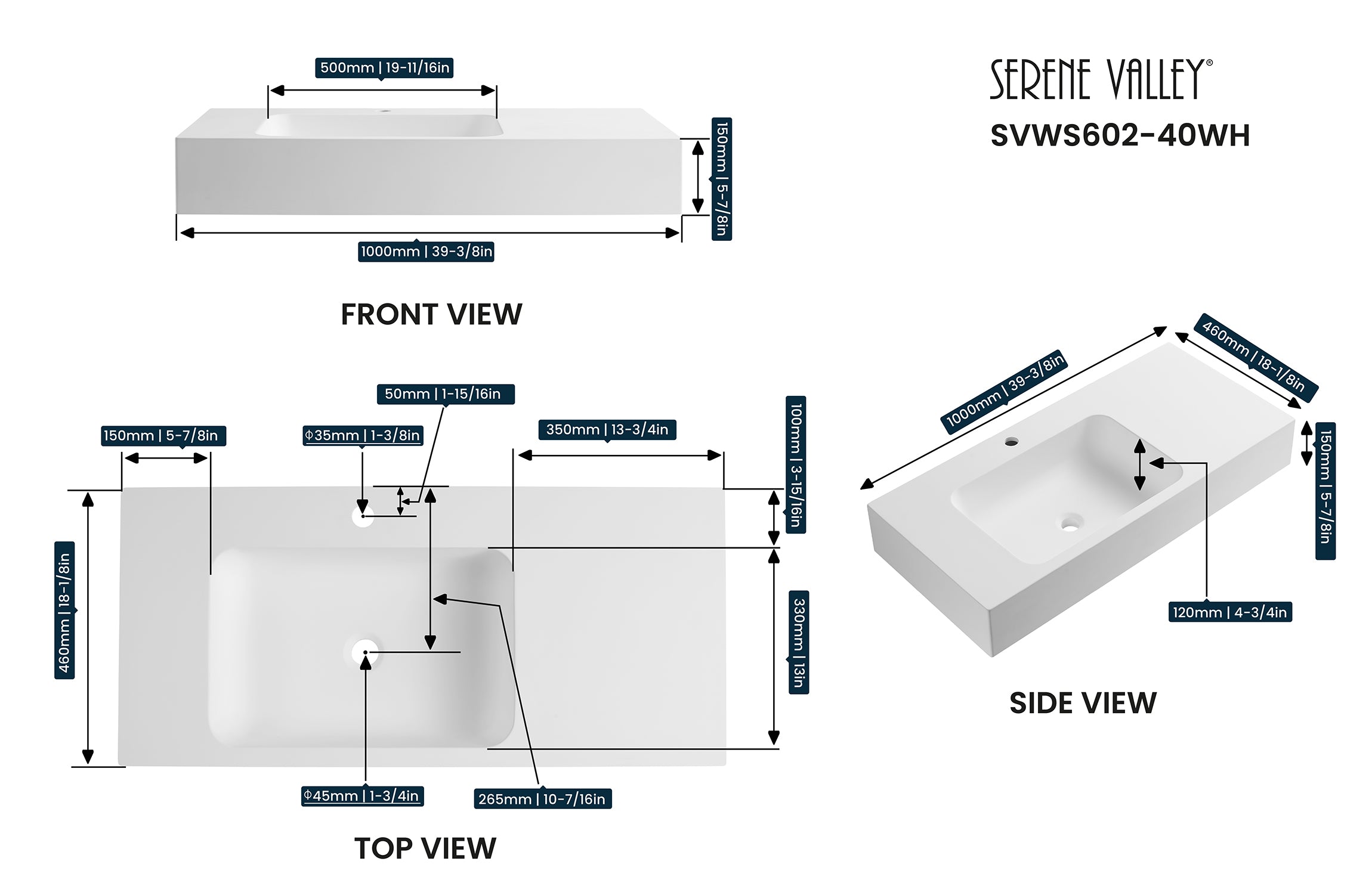 Bathroom Sink, Solid Surface Material, Wall-Mount or Countertop Install, 40" with Single Faucet Hole in Matte White， SVWS602-40WH-Serene Valley