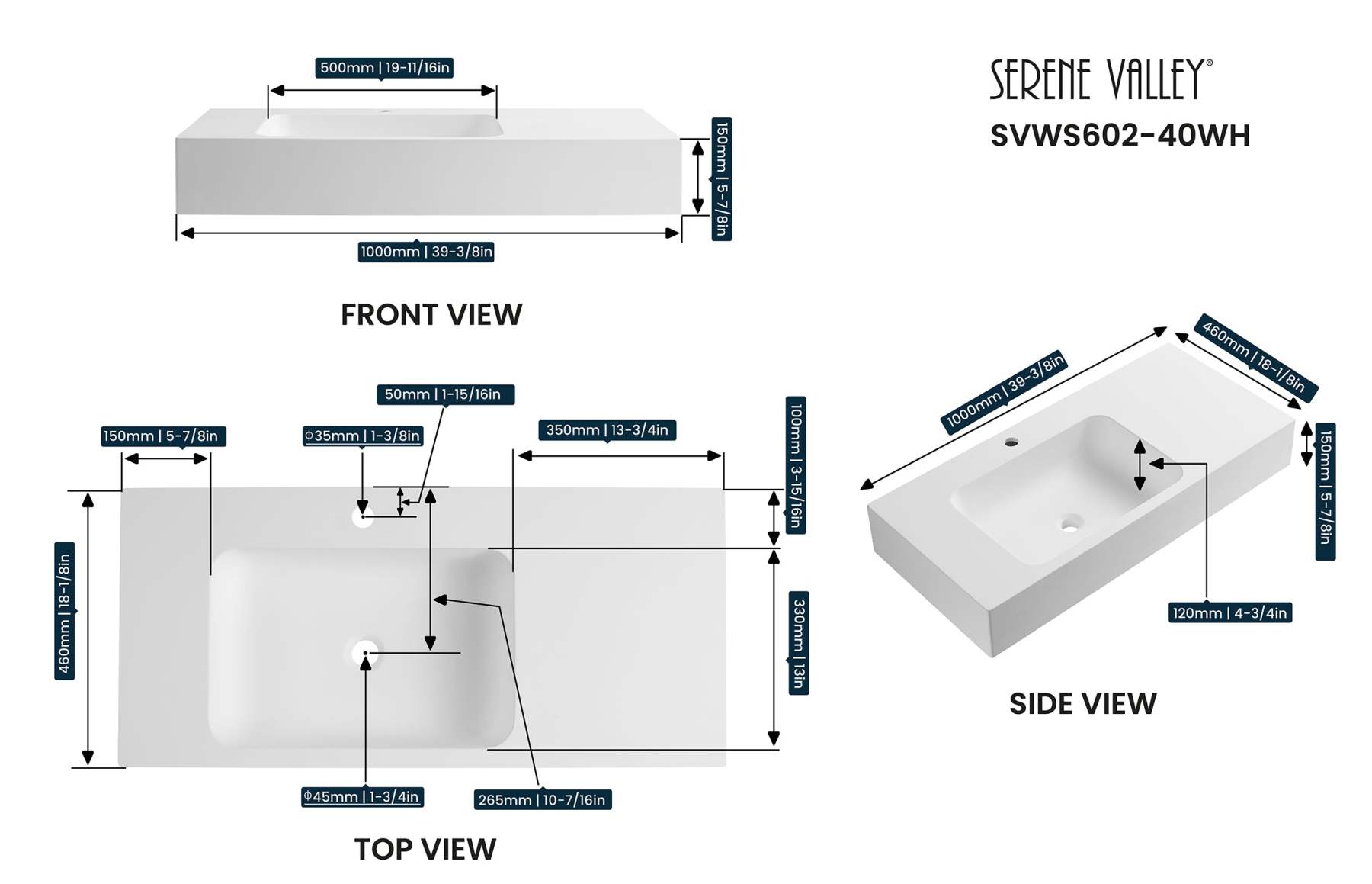 Bathroom Sink, Solid Surface Material, Wall-Mount or Countertop Install, 40" with Single Faucet Hole in Matte White， SVWS602-40WH-Serene Valley