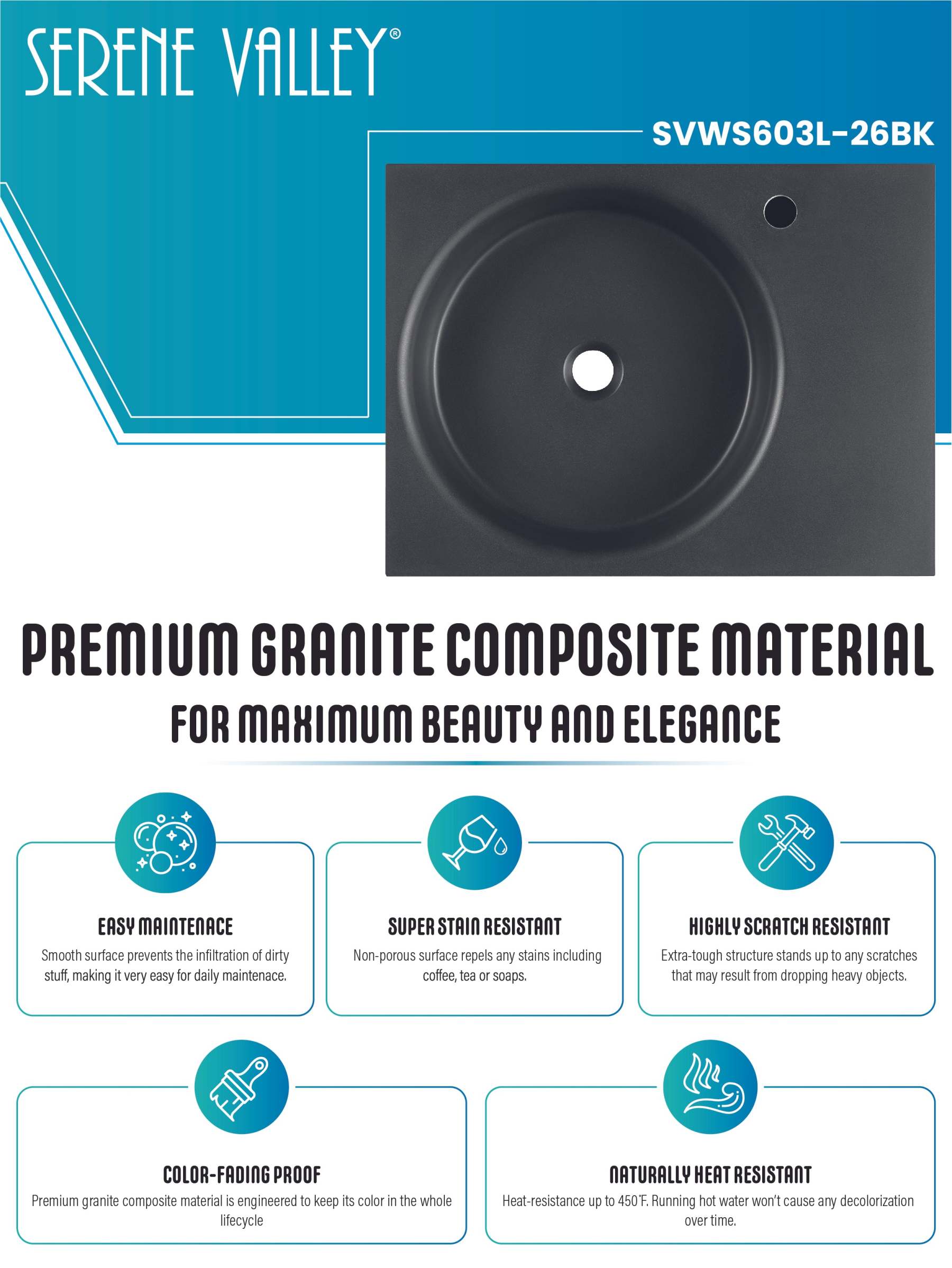 Bathroom Sink, Solid Surface Material, Wall-Mount or Countertop Install, 26" with Single Faucet Hole in Matte Black， SVWS603L-26BK-Serene Valley