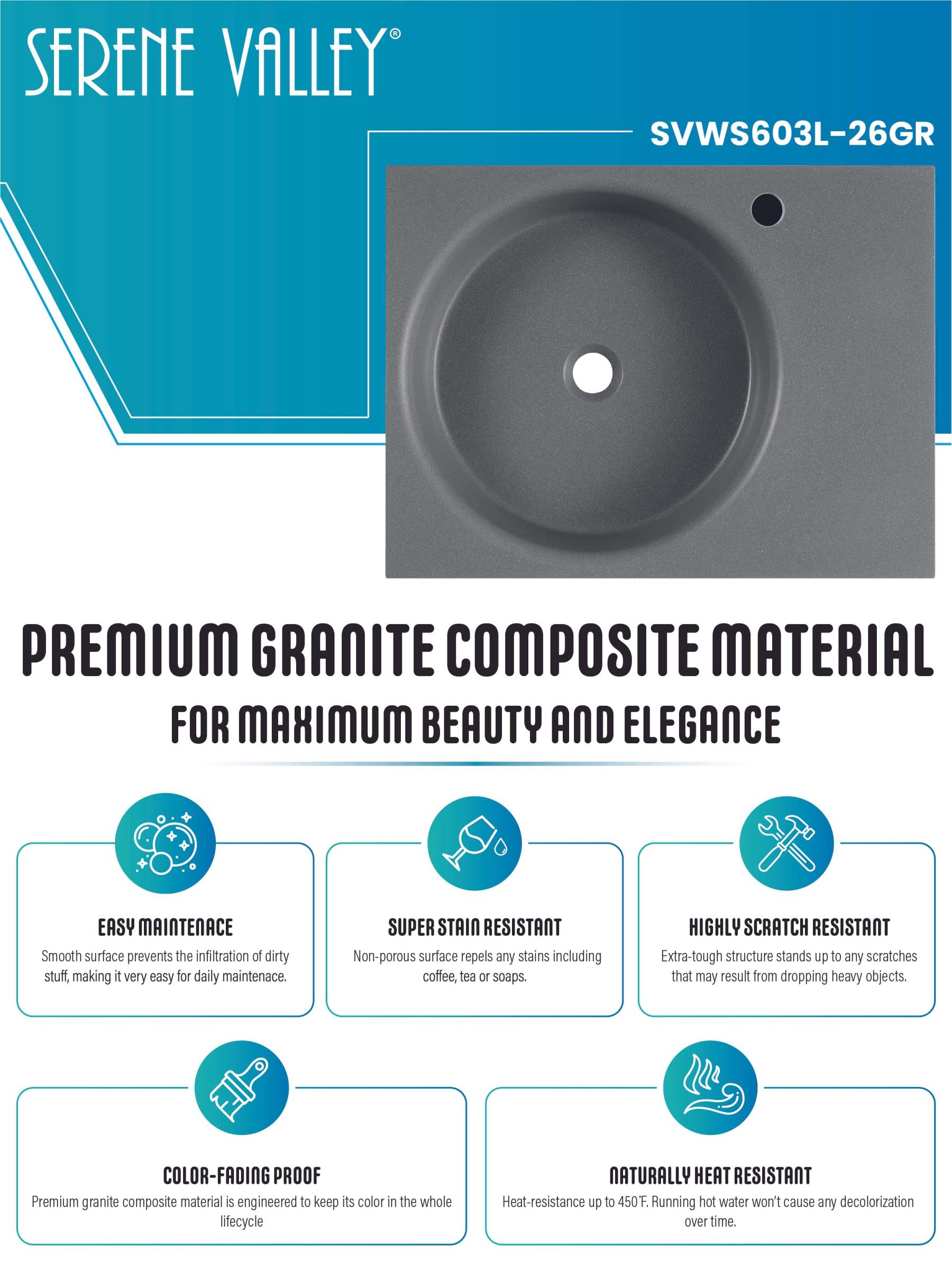 Bathroom Sink, Solid Surface Material, Wall-Mount or Countertop Install, 26" with Single Faucet Hole in Matte Gray， SVWS603L-26GR-Serene Valley