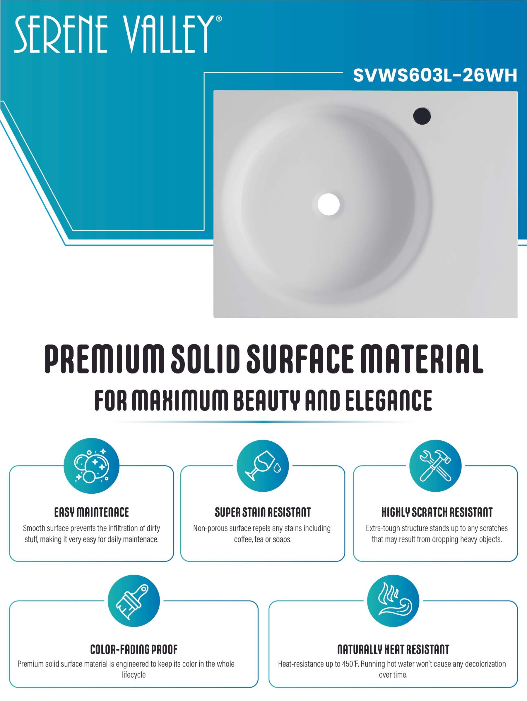 Bathroom Sink, Solid Surface Material, Wall-Mount or Countertop Install, 26" with Single Faucet Hole in Matte White， SVWS603L-26WH-Serene Valley