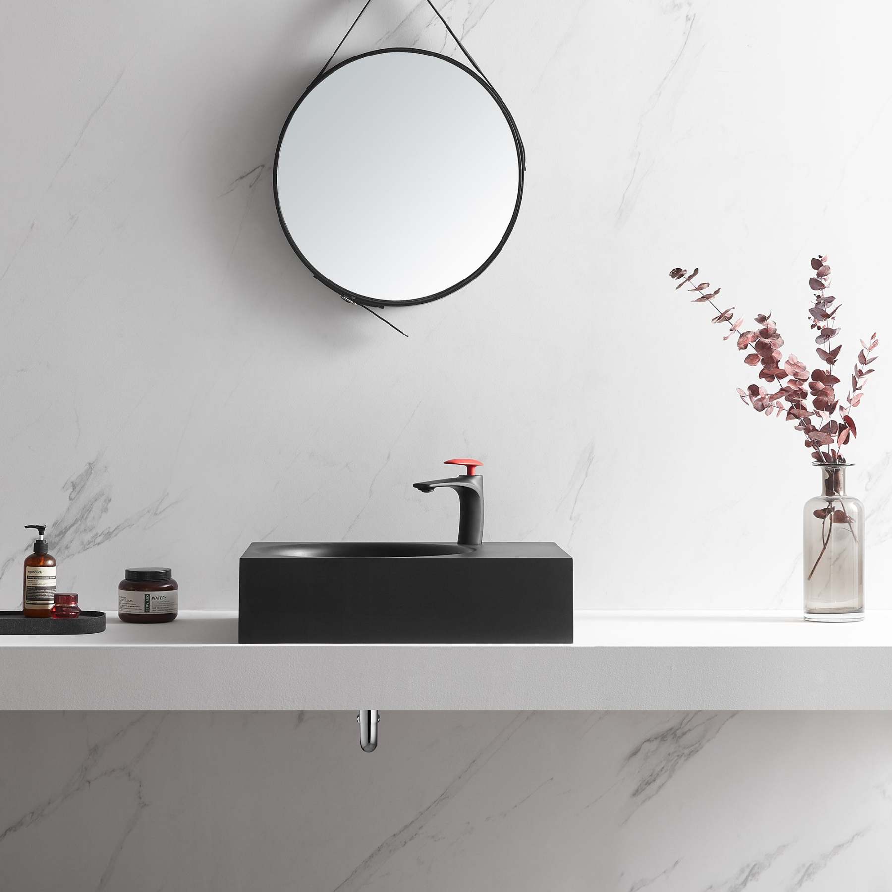 Bathroom Sink, Solid Surface Material, Wall-Mount or Countertop Install, 26" with Single Faucet Hole in Matte Black， SVWS603L-26BK-Serene Valley