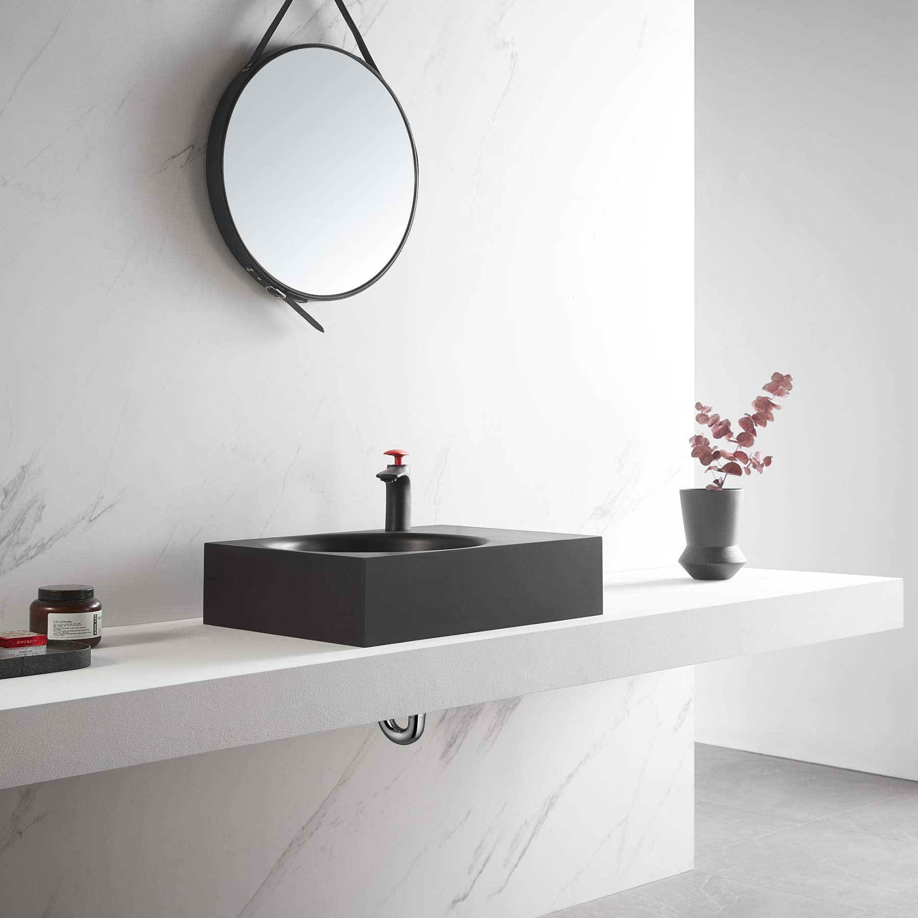 Bathroom Sink, Solid Surface Material, Wall-Mount or Countertop Install, 26" with Single Faucet Hole in Matte Black， SVWS603L-26BK-Serene Valley