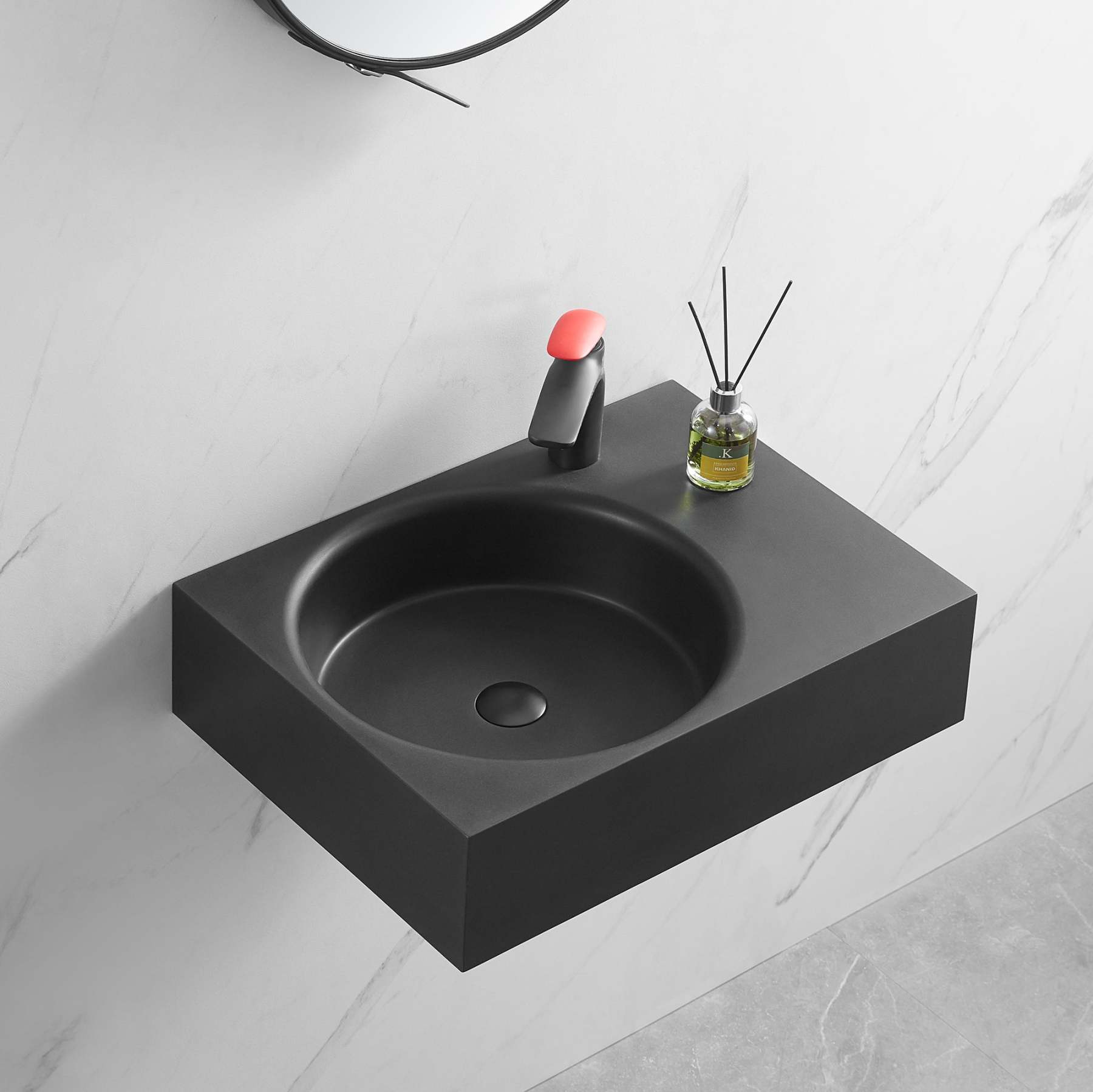 Bathroom Sink, Solid Surface Material, Wall-Mount or Countertop Install, 26" with Single Faucet Hole in Matte Black， SVWS603L-26BK-Serene Valley
