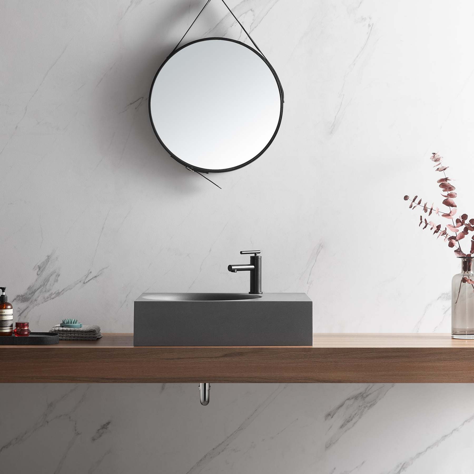 Bathroom Sink, Solid Surface Material, Wall-Mount or Countertop Install, 26" with Single Faucet Hole in Matte Gray， SVWS603L-26GR-Serene Valley