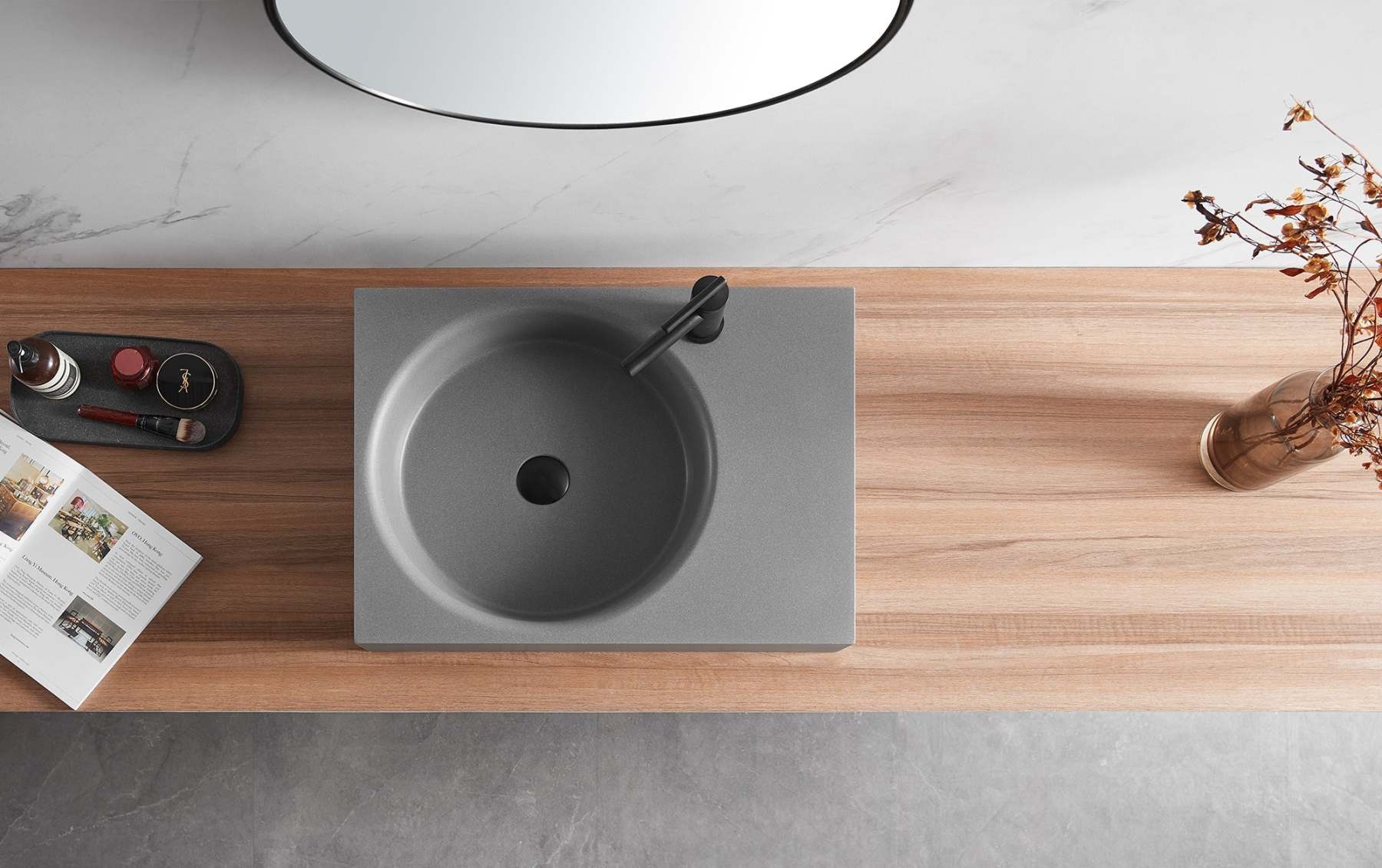 Bathroom Sink, Solid Surface Material, Wall-Mount or Countertop Install, 26" with Single Faucet Hole in Matte Gray， SVWS603L-26GR-Serene Valley