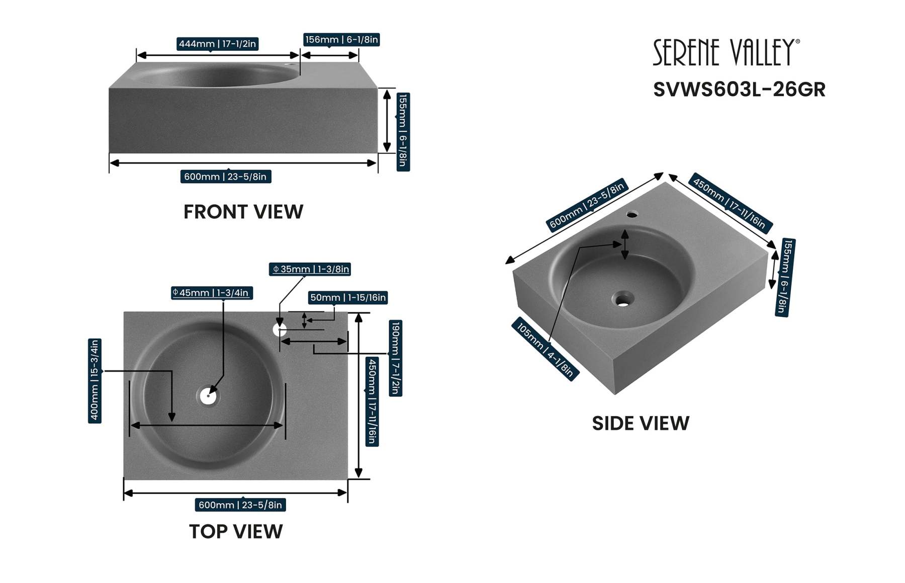 Bathroom Sink, Solid Surface Material, Wall-Mount or Countertop Install, 26" with Single Faucet Hole in Matte Gray， SVWS603L-26GR-Serene Valley