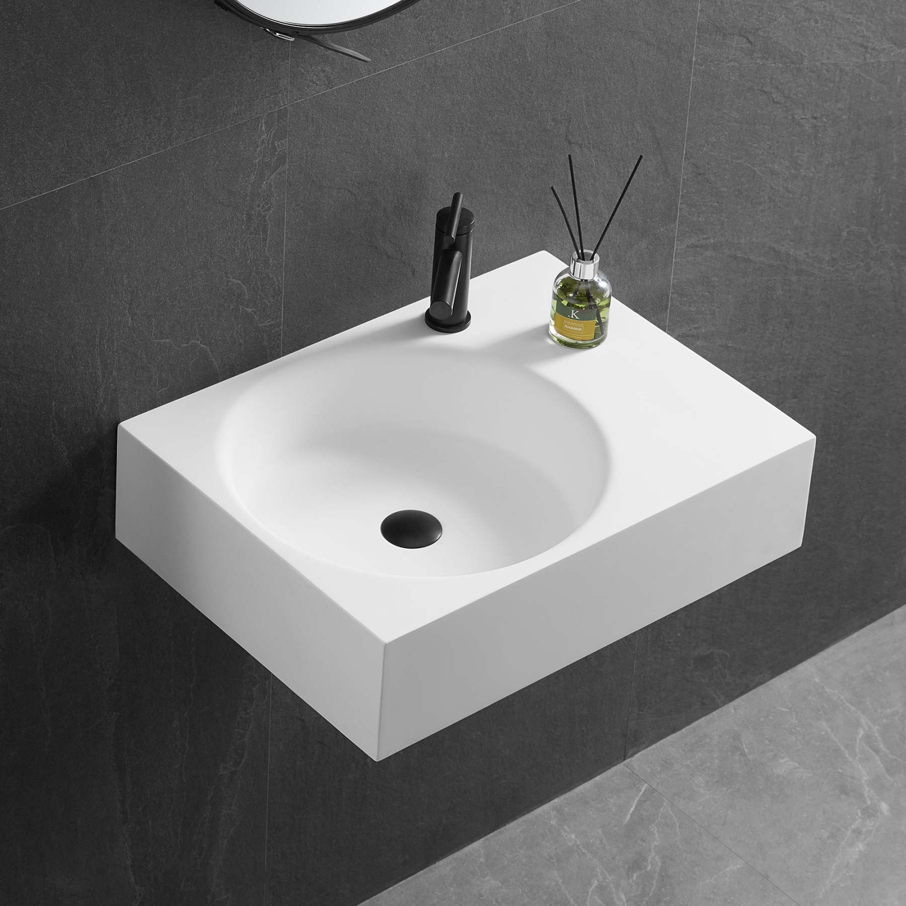 Bathroom Sink, Solid Surface Material, Wall-Mount or Countertop Install, 26" with Single Faucet Hole in Matte White， SVWS603L-26WH-Serene Valley