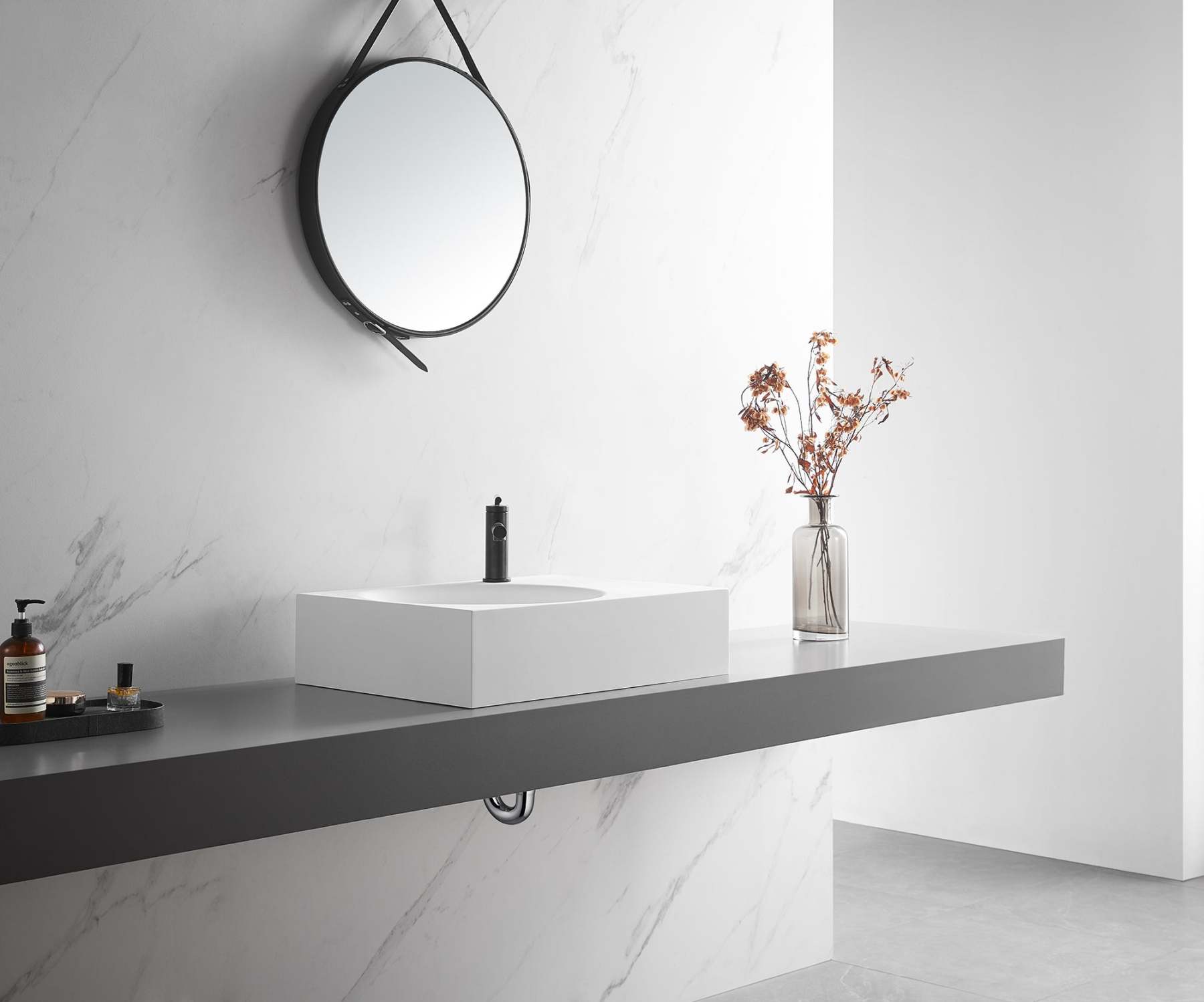 Bathroom Sink, Solid Surface Material, Wall-Mount or Countertop Install, 26" with Single Faucet Hole in Matte White， SVWS603L-26WH-Serene Valley