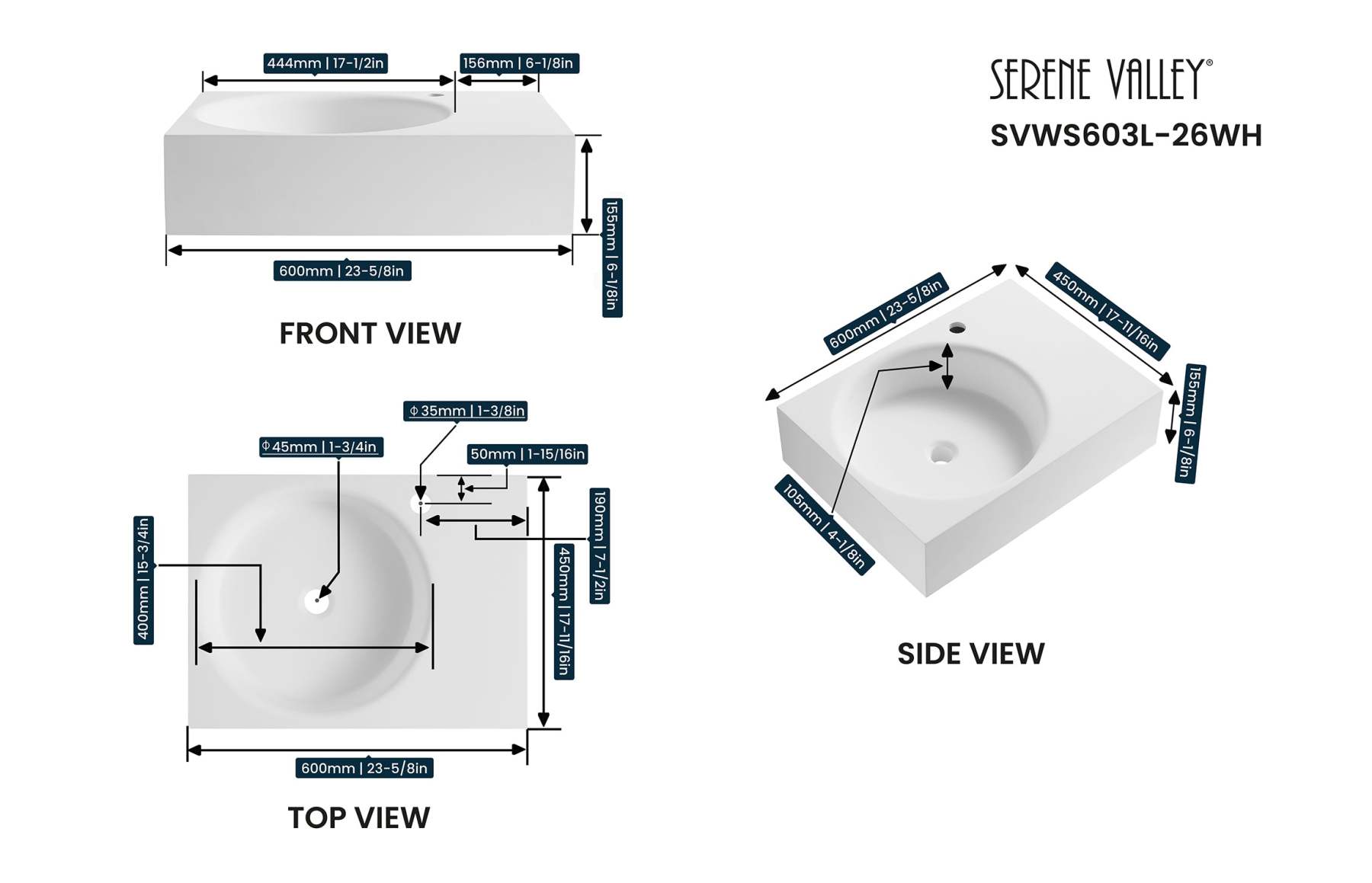 Bathroom Sink, Solid Surface Material, Wall-Mount or Countertop Install, 26" with Single Faucet Hole in Matte White， SVWS603L-26WH-Serene Valley