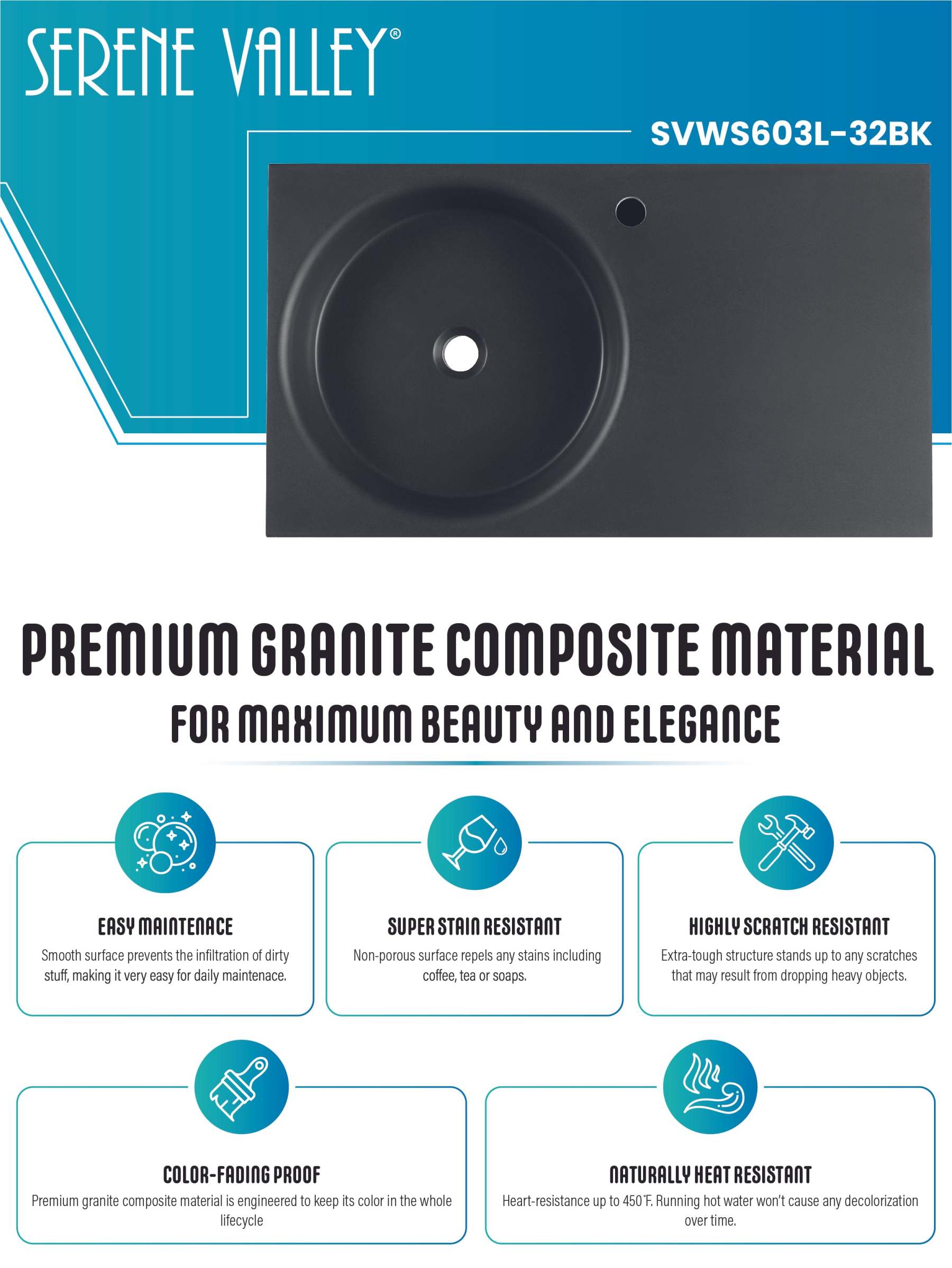 Bathroom Sink, Solid Surface Material, Wall-Mount or Countertop Install, 32" with Single Faucet Hole in Matte Black， SVWS603L-32BK-Serene Valley