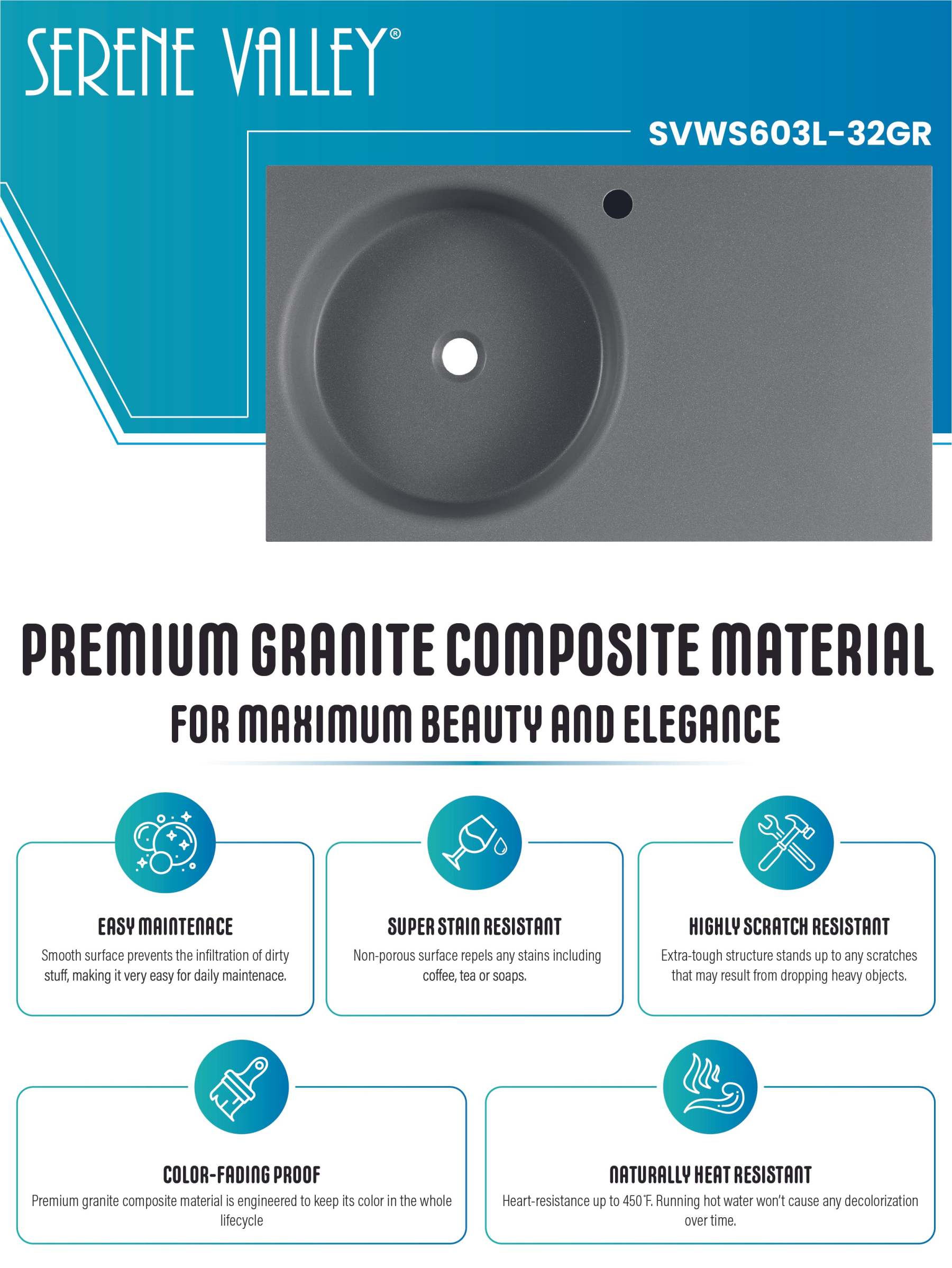 Bathroom Sink, Solid Surface Material, Wall-Mount or Countertop Install, 32" with Single Faucet Hole in Matte Gray， SVWS603L-32GR-Serene Valley