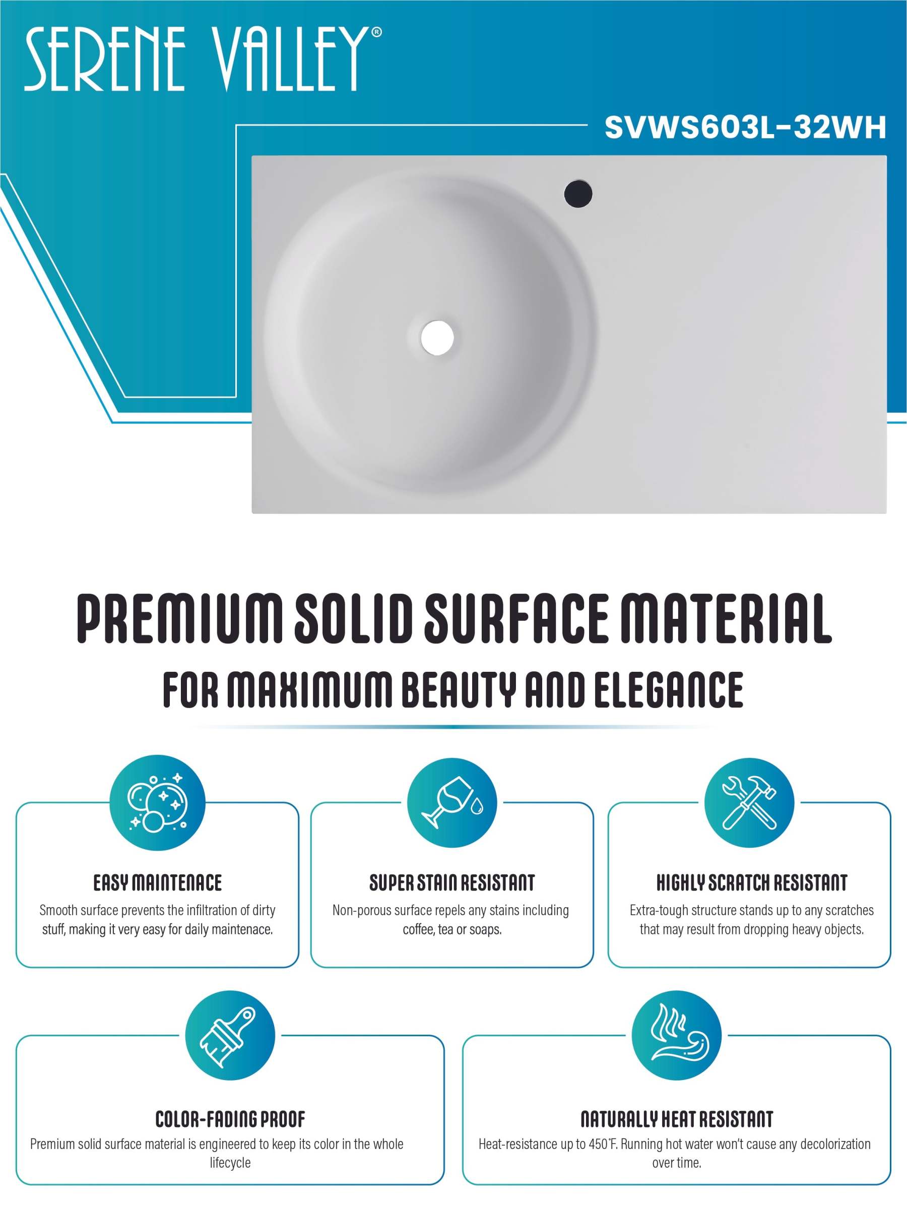 Bathroom Sink, Solid Surface Material, Wall-Mount or Countertop Install, 32" with Single Faucet Hole in Matte White， SVWS603L-32WH-Serene Valley