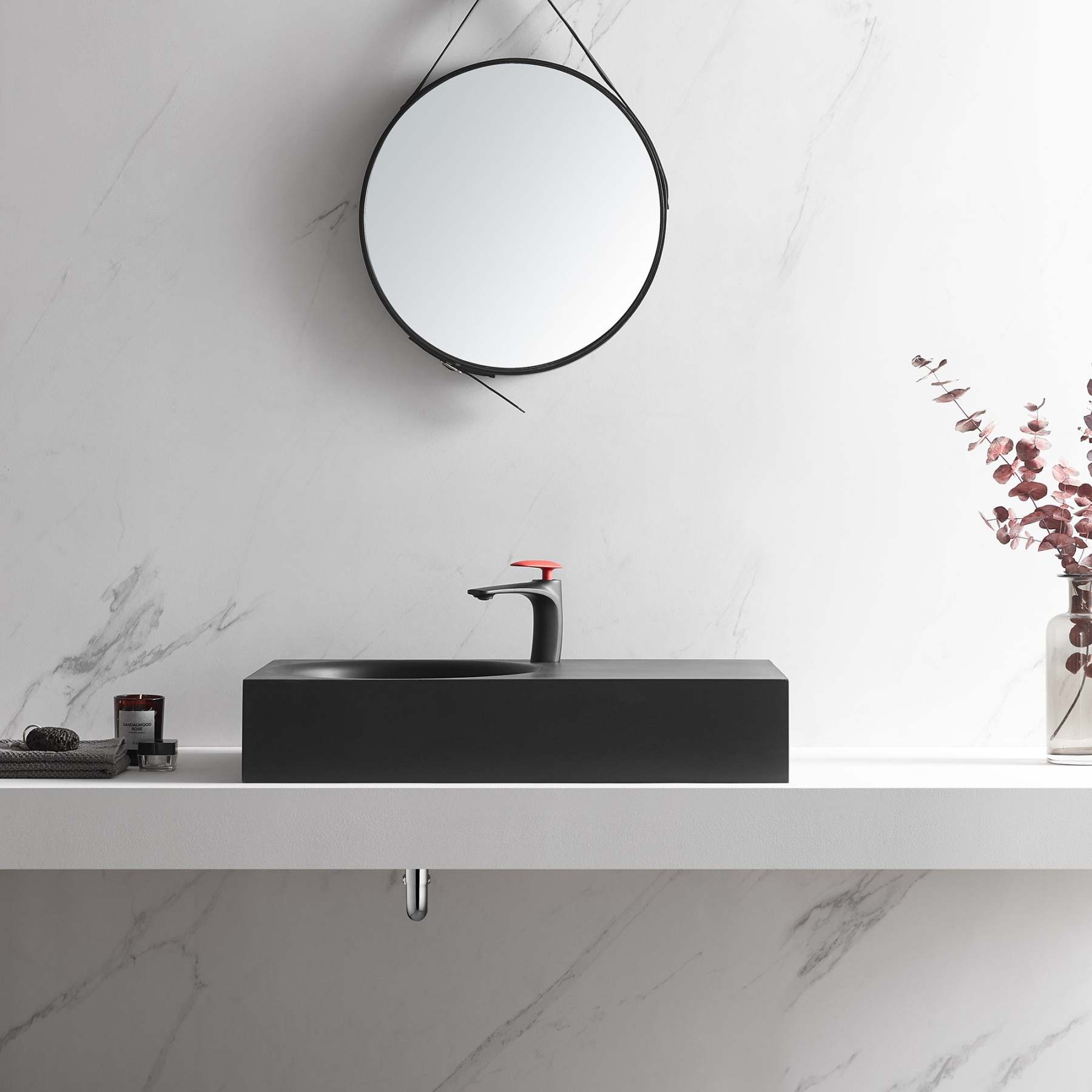 Bathroom Sink, Solid Surface Material, Wall-Mount or Countertop Install, 32" with Single Faucet Hole in Matte Black， SVWS603L-32BK-Serene Valley