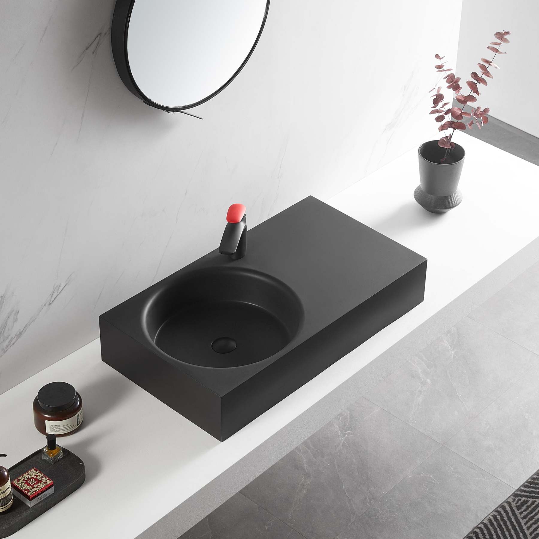 Bathroom Sink, Solid Surface Material, Wall-Mount or Countertop Install, 32" with Single Faucet Hole in Matte Black， SVWS603L-32BK-Serene Valley