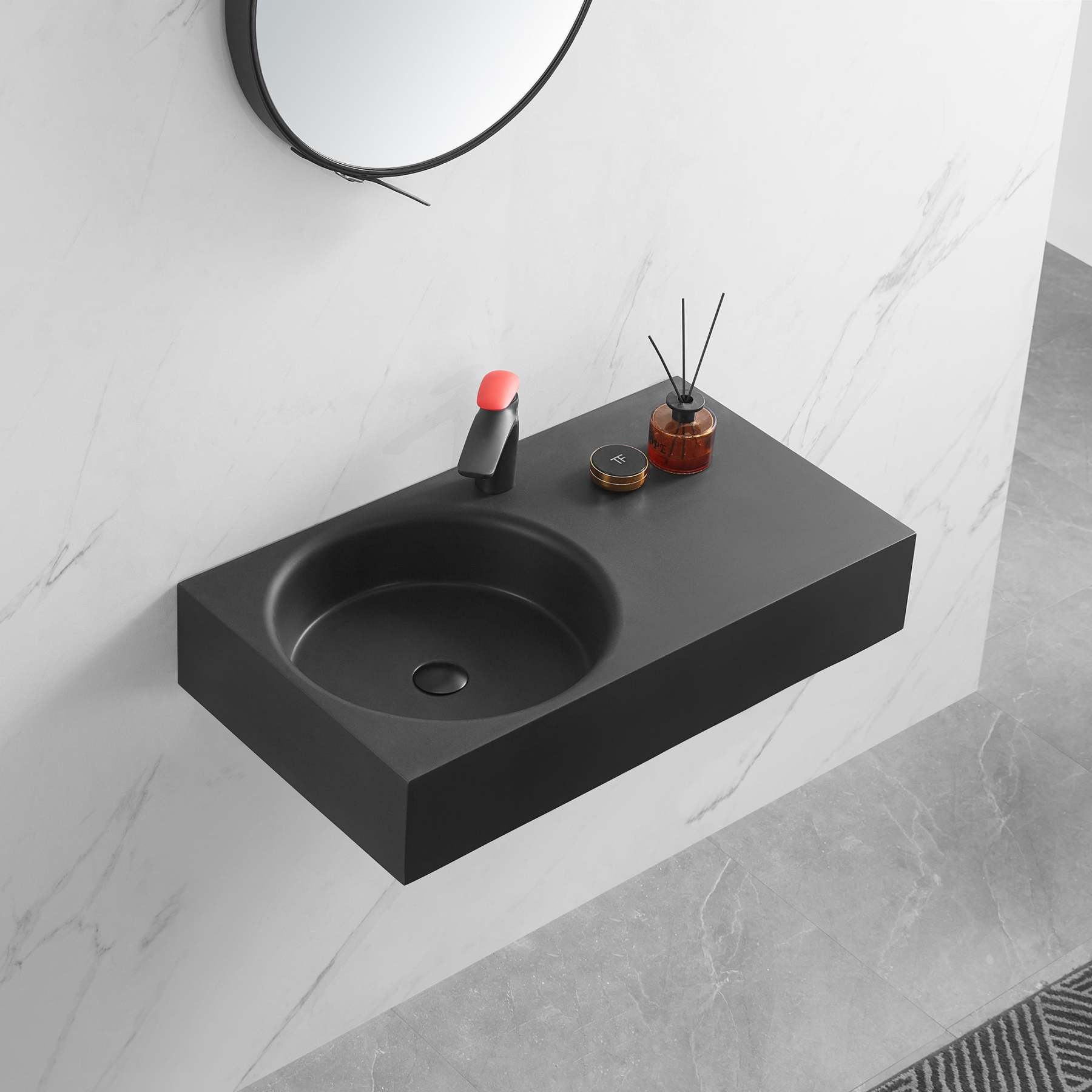 Bathroom Sink, Solid Surface Material, Wall-Mount or Countertop Install, 32" with Single Faucet Hole in Matte Black， SVWS603L-32BK-Serene Valley