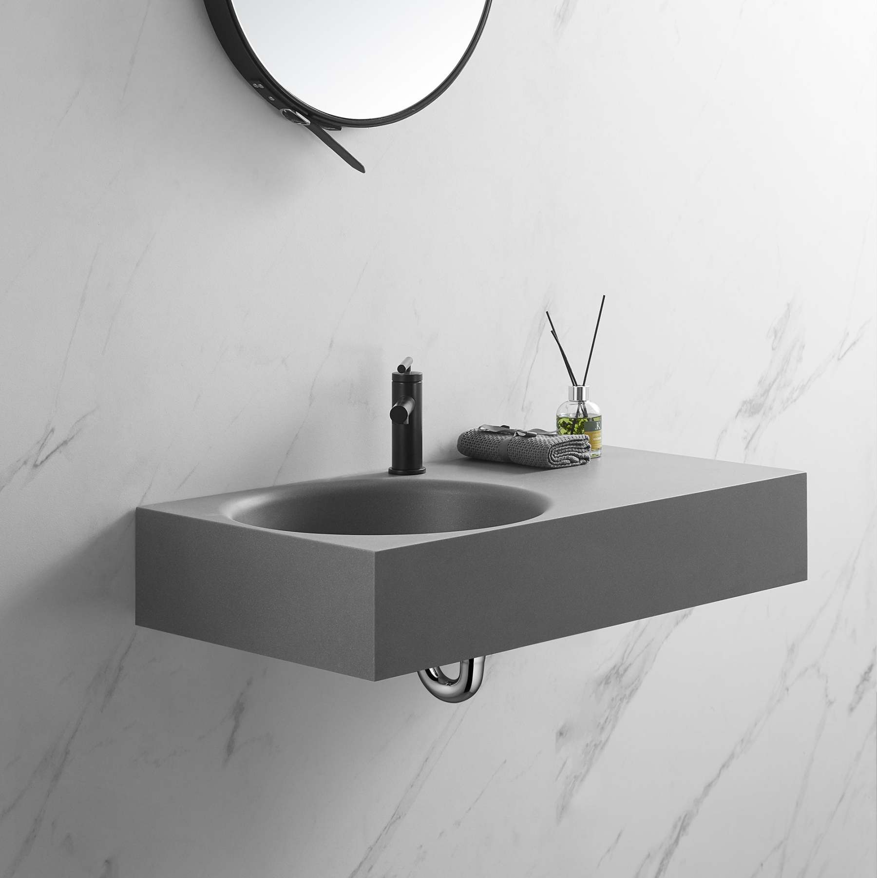 Bathroom Sink, Solid Surface Material, Wall-Mount or Countertop Install, 32" with Single Faucet Hole in Matte Gray， SVWS603L-32GR-Serene Valley