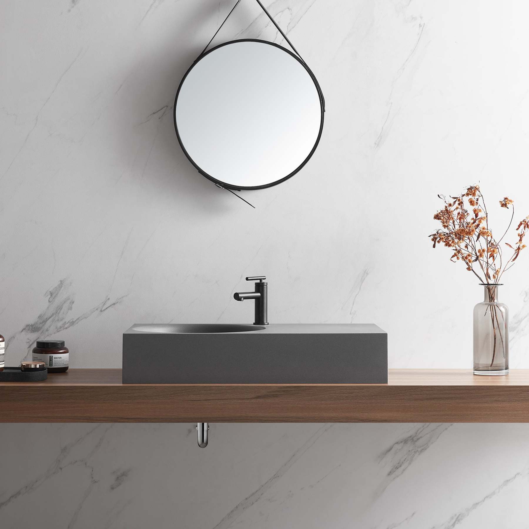 Bathroom Sink, Solid Surface Material, Wall-Mount or Countertop Install, 32" with Single Faucet Hole in Matte Gray， SVWS603L-32GR-Serene Valley