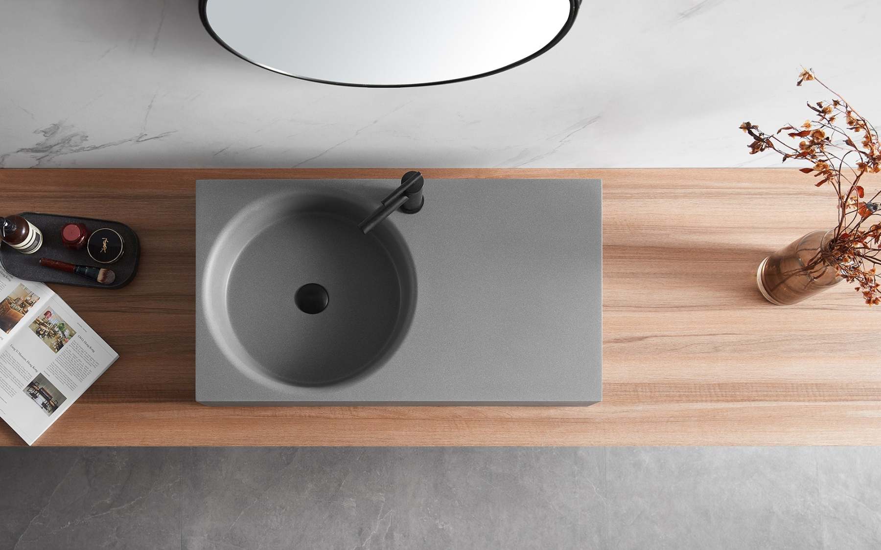 Bathroom Sink, Solid Surface Material, Wall-Mount or Countertop Install, 32" with Single Faucet Hole in Matte Gray， SVWS603L-32GR-Serene Valley