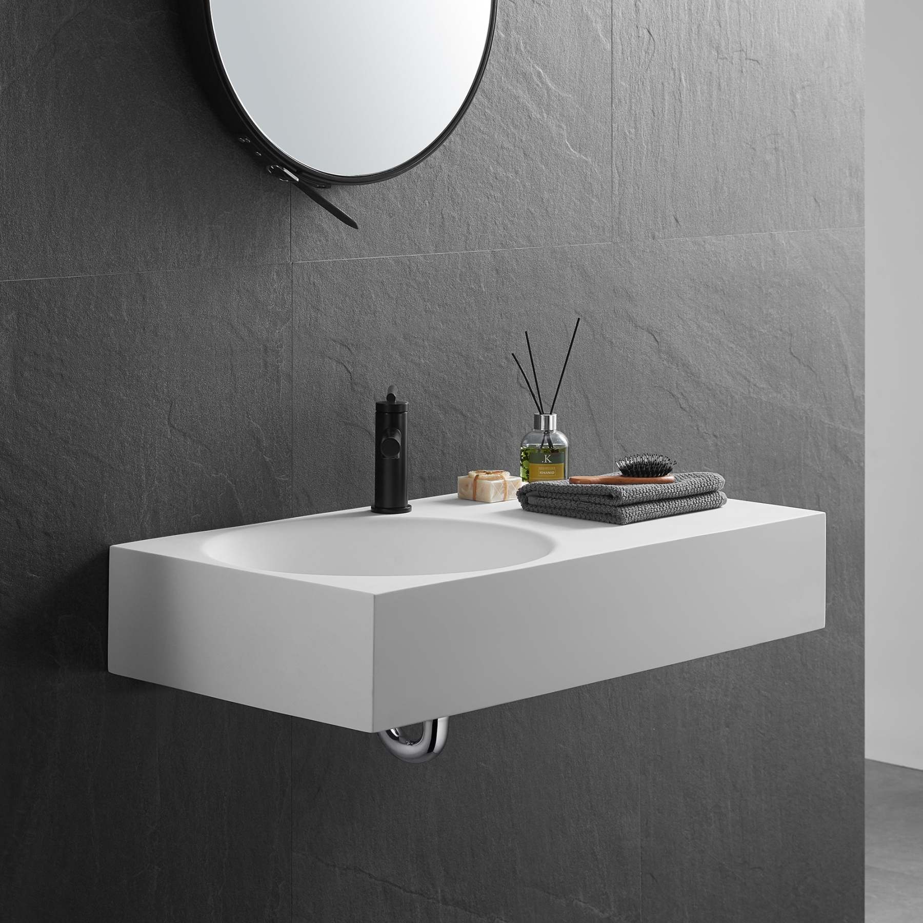 Bathroom Sink, Solid Surface Material, Wall-Mount or Countertop Install, 32" with Single Faucet Hole in Matte White， SVWS603L-32WH-Serene Valley