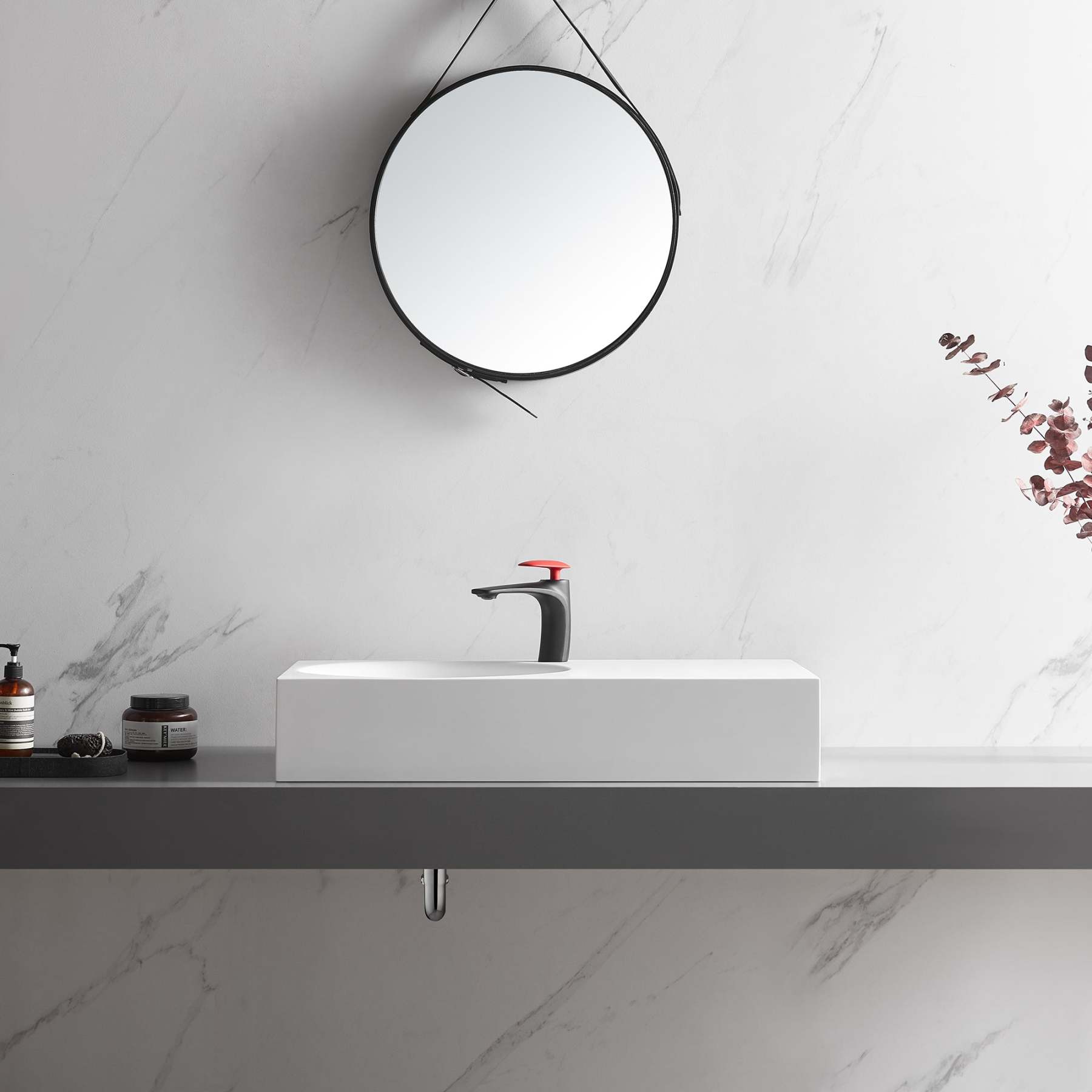 Bathroom Sink, Solid Surface Material, Wall-Mount or Countertop Install, 32" with Single Faucet Hole in Matte White， SVWS603L-32WH-Serene Valley