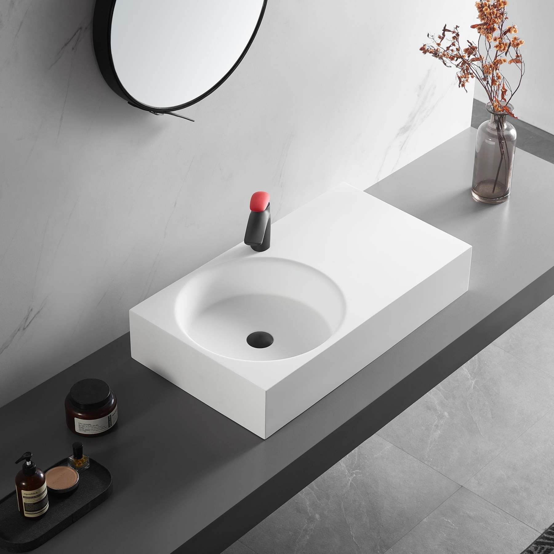 Bathroom Sink, Solid Surface Material, Wall-Mount or Countertop Install, 32" with Single Faucet Hole in Matte White， SVWS603L-32WH-Serene Valley