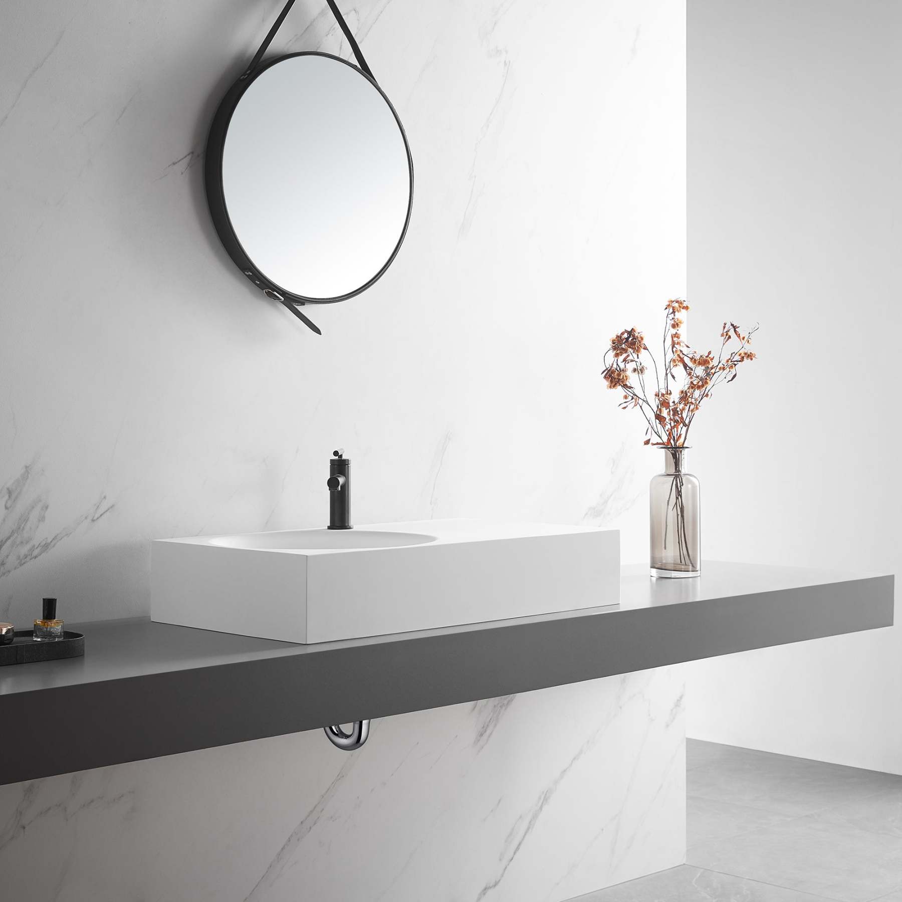 Bathroom Sink, Solid Surface Material, Wall-Mount or Countertop Install, 32" with Single Faucet Hole in Matte White， SVWS603L-32WH-Serene Valley