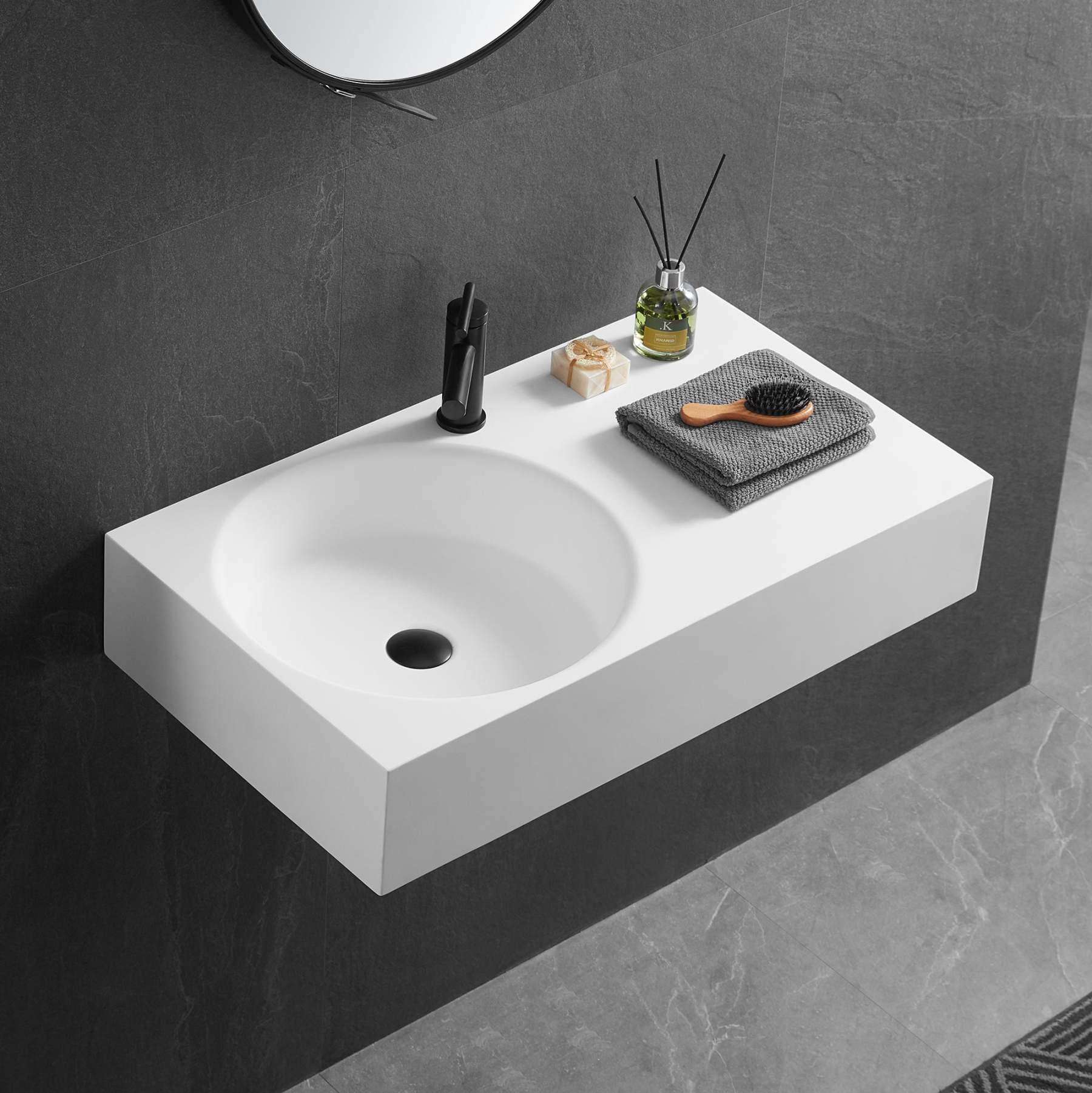 Bathroom Sink, Solid Surface Material, Wall-Mount or Countertop Install, 32" with Single Faucet Hole in Matte White， SVWS603L-32WH-Serene Valley