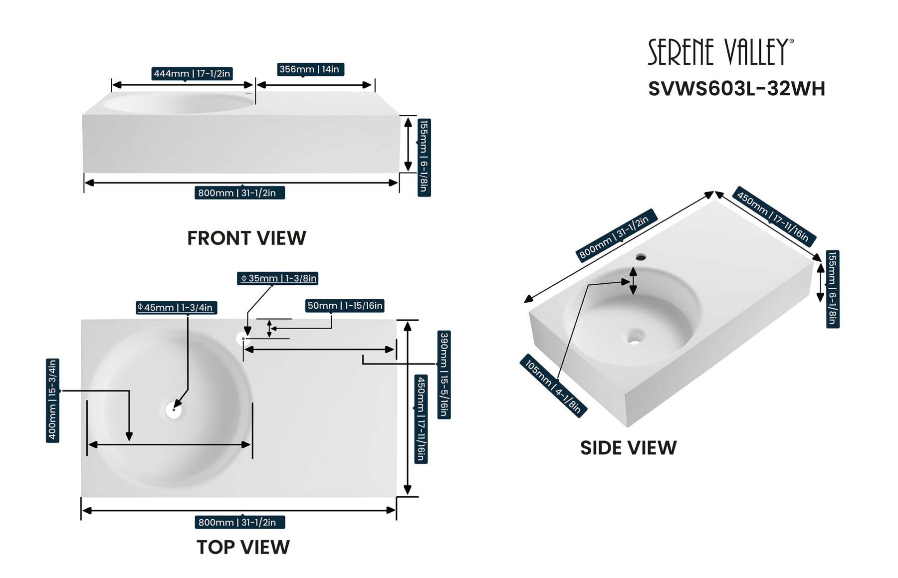 Bathroom Sink, Solid Surface Material, Wall-Mount or Countertop Install, 32" with Single Faucet Hole in Matte White， SVWS603L-32WH-Serene Valley