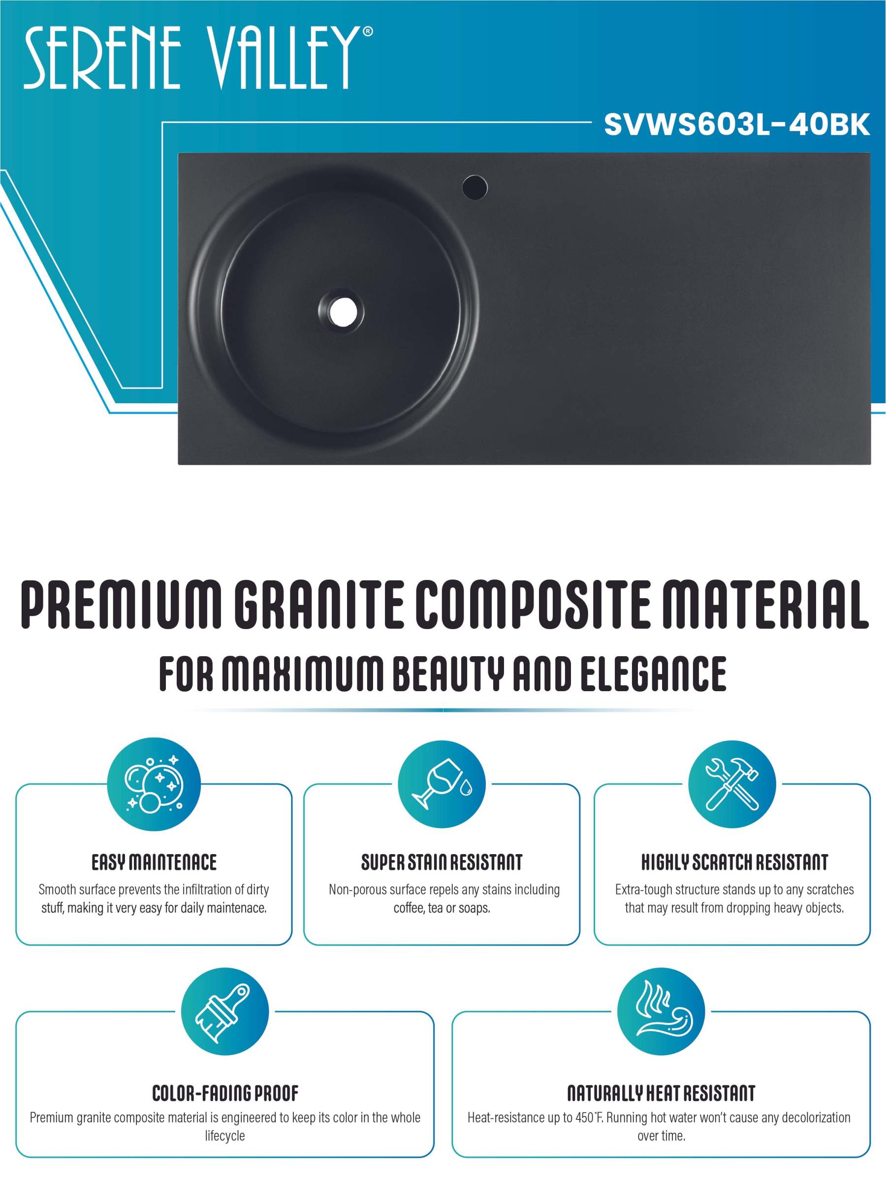 Bathroom Sink, Solid Surface Material, Wall-Mount or Countertop Install, 40" with Single Faucet Hole in Matte Black， SVWS603L-40BK-Serene Valley